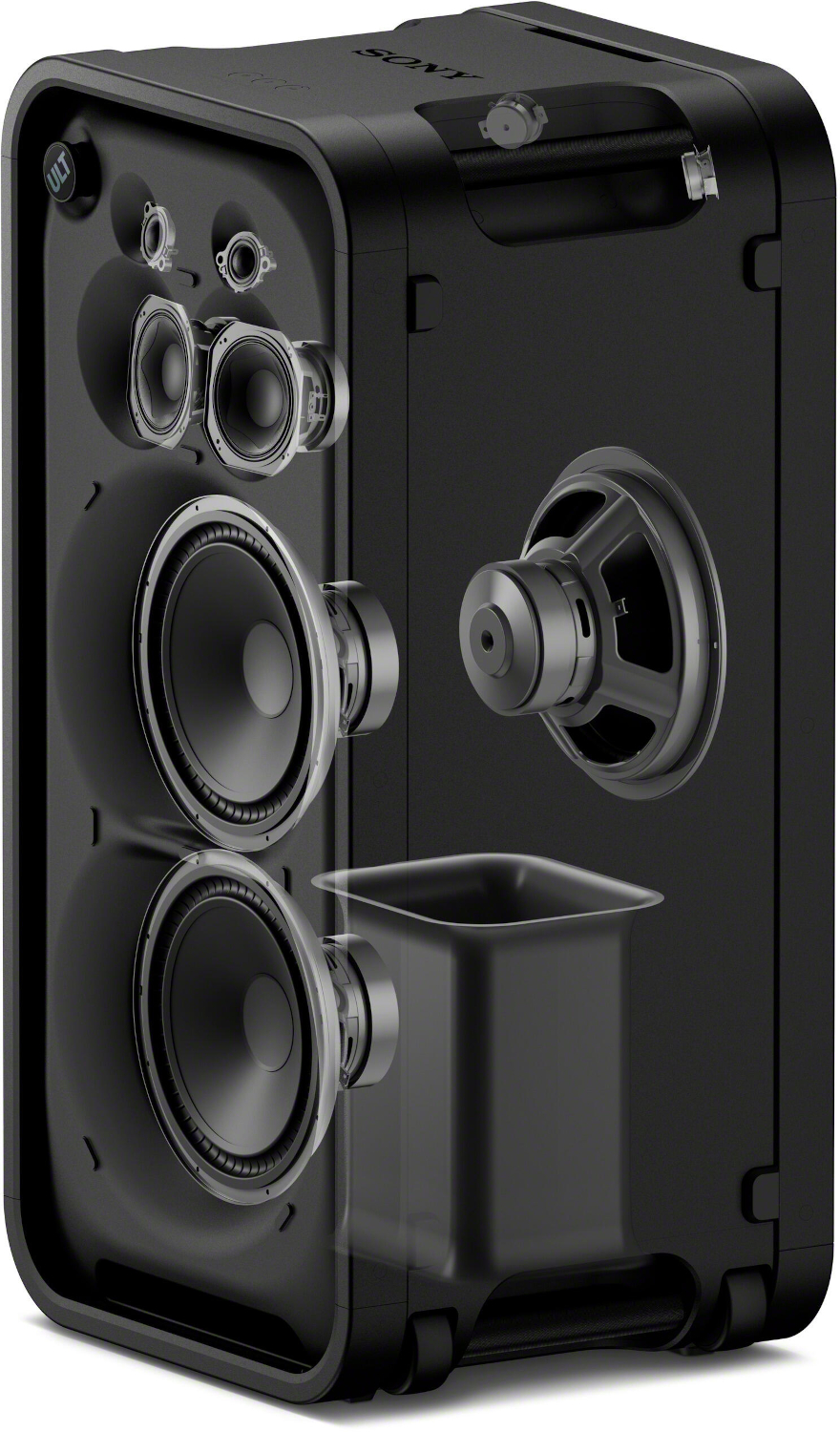 Cutaway view of a black Sony speaker, revealing internal speaker components.