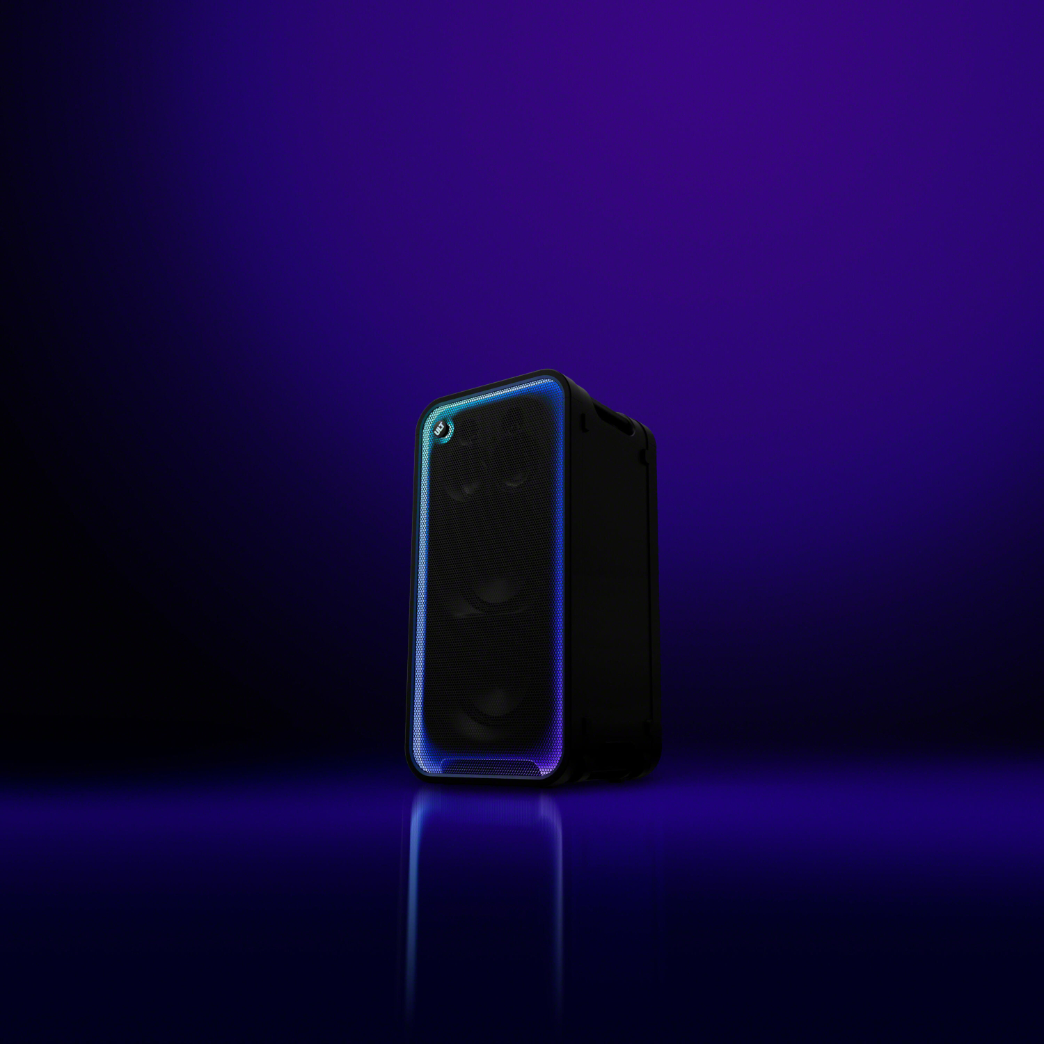 A black party speaker with blue edge lighting stands on a purple surface against a purple background.