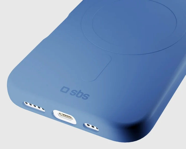 Niebieskie etui na smartfon z pierścieniem MagSafe i logo SBS na dole na neutralnym tle.