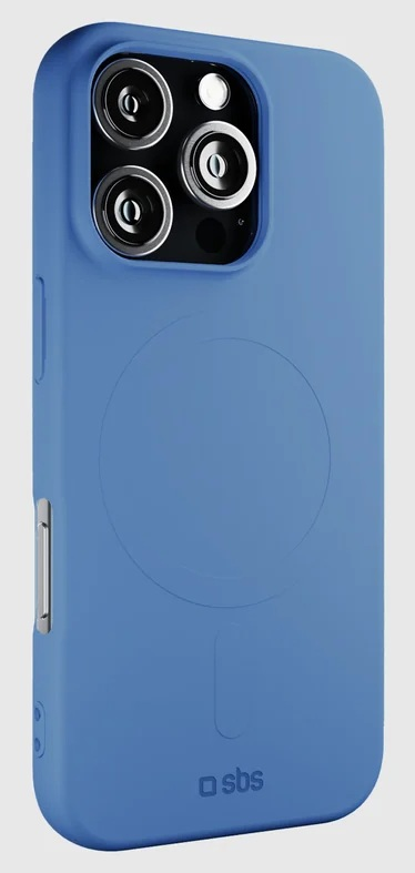 Niebieskie etui na smartfon z okrągłym wzorem z tyłu i wycięciem na aparat.