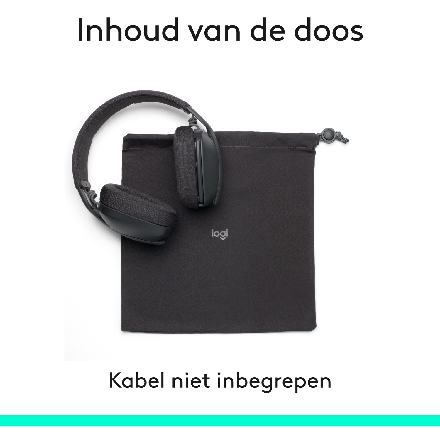Zwarte koptelefoon op een zwarte stoffen tas met logi-logo tegen een witte achtergrond.