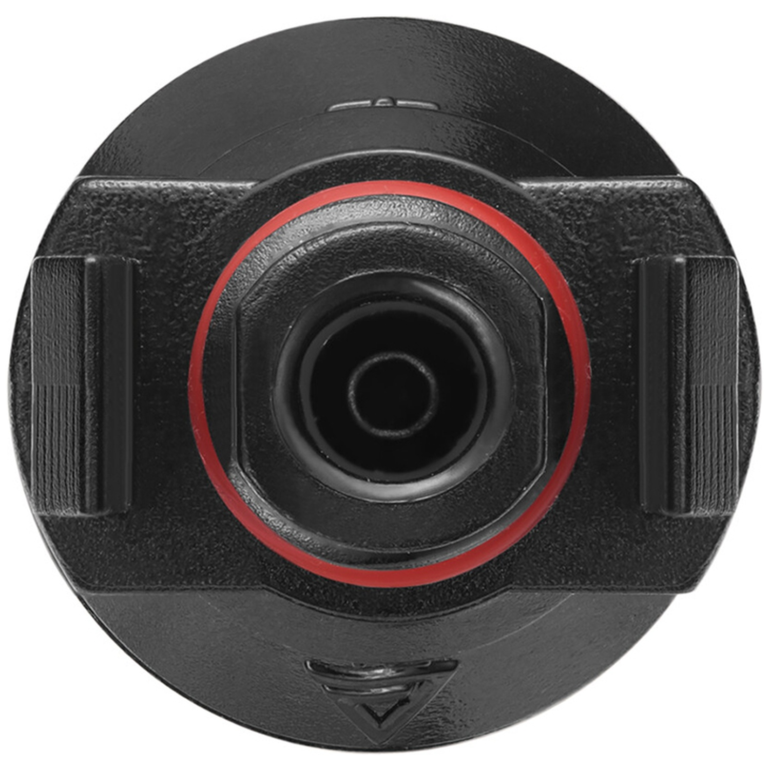 Close-up van een zwart plastic object met een centraal rond gat en een rode ring.