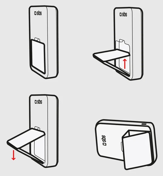 Cztery diagramy pokazują kroki rozkładania stojaka na etui na telefon.