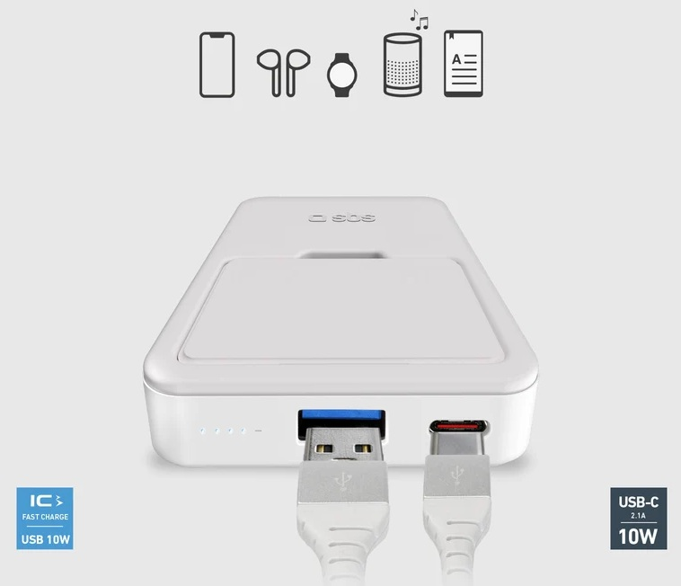 Biały powerbank z kablami USB i USB-C, ikony kompatybilnych urządzeń u góry i wskaźniki ładowania.