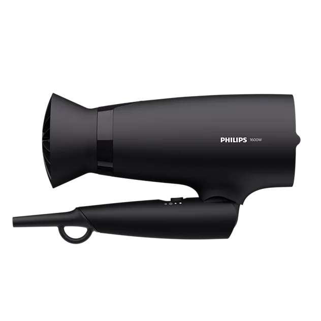 Ein schwarzer Philips 1600W Haartrockner mit faltbarem Griff vor schwarzem Hintergrund.