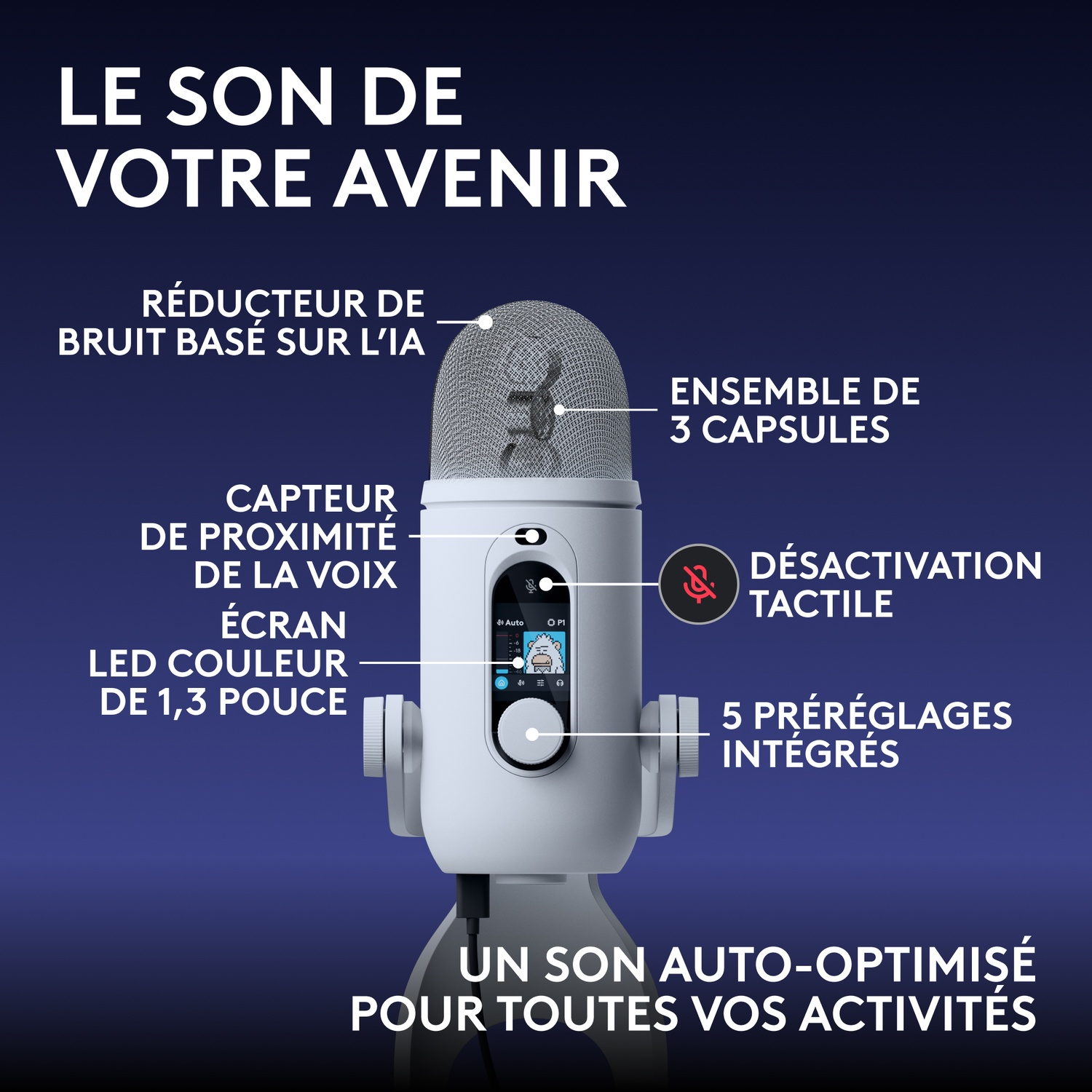 Un microphone USB blanc avec sourdine tactile, écran LED et réduction du bruit par IA sur fond bleu.