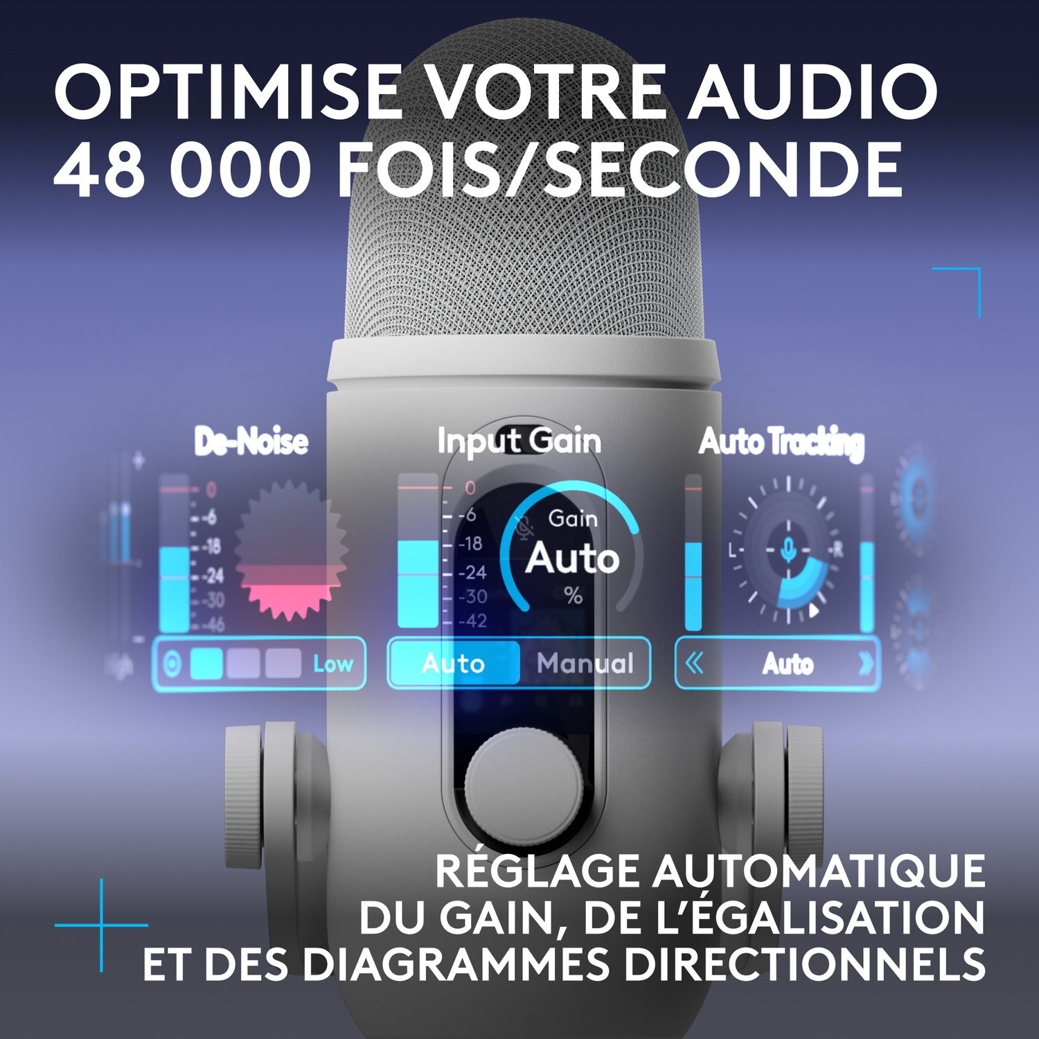 Microphone gris avec superpositions de commandes audio numériques sur fond bleu.