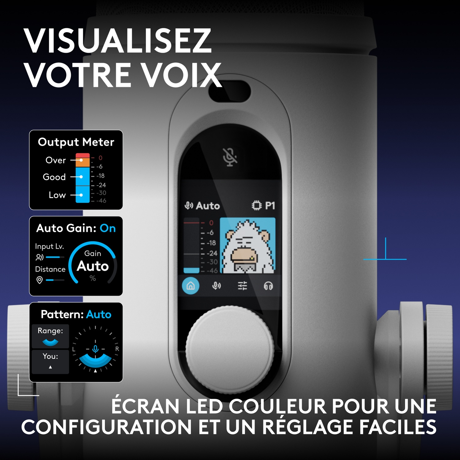 Microphone avec écran LED couleur pour une configuration et un réglage faciles.