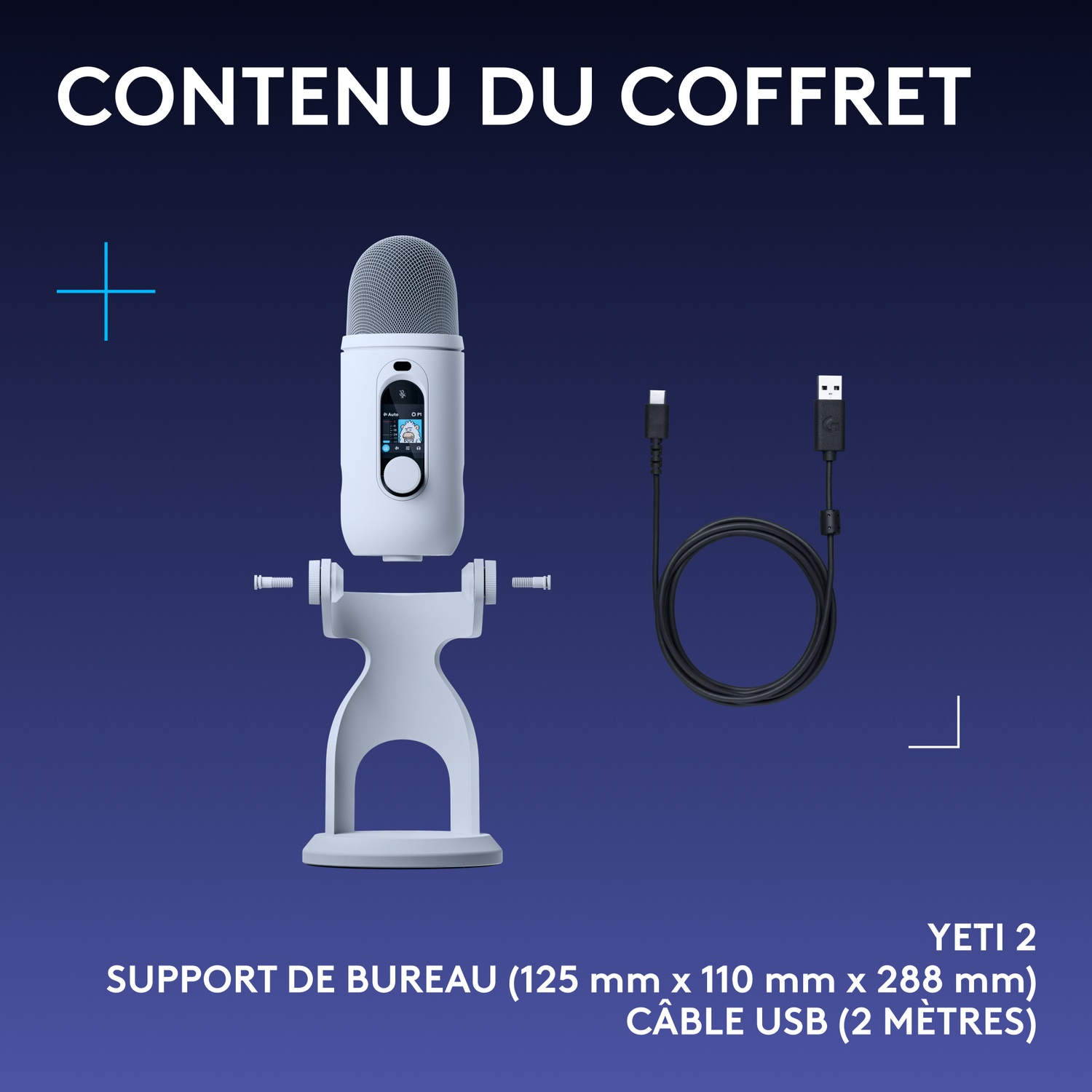 Microphone Yeti 2 blanc avec support et câble USB noir de 2 mètres sur fond bleu.