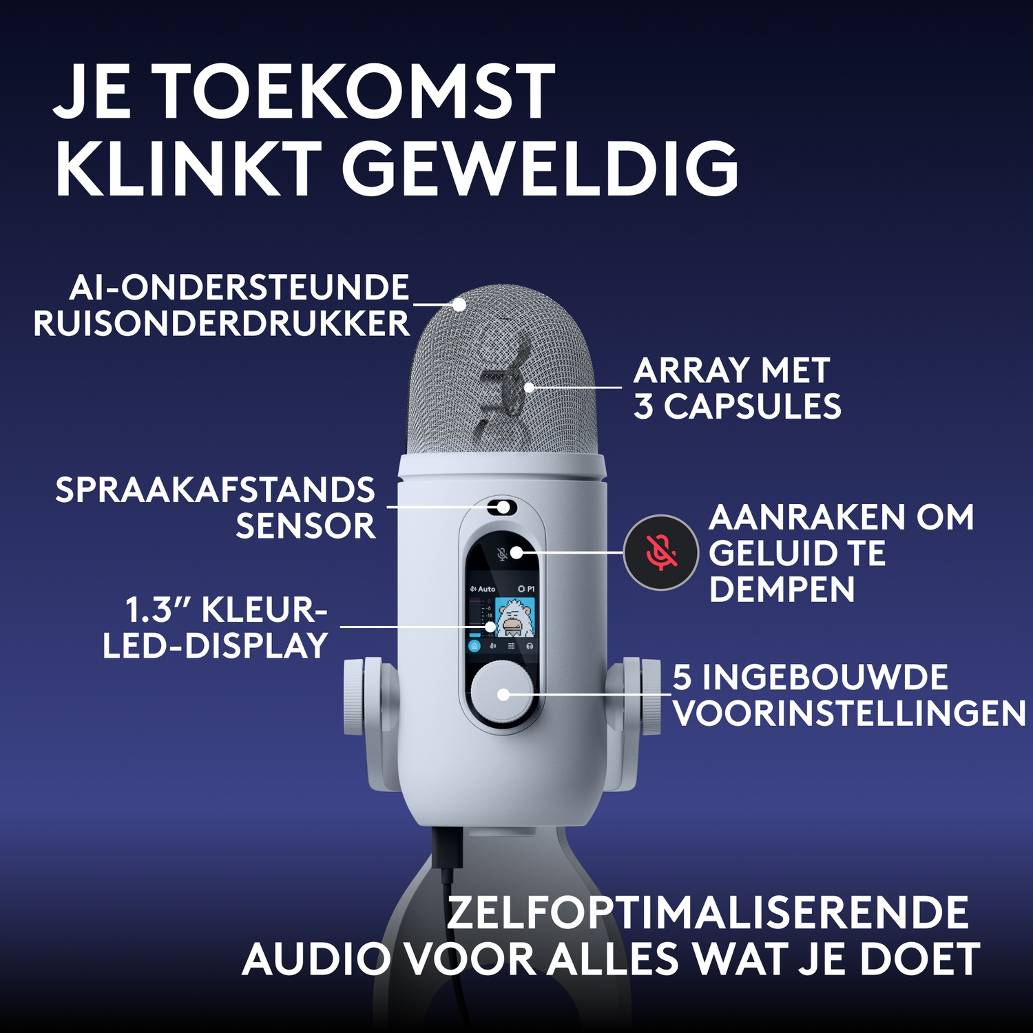 Diagram van een witte microfoon met verklarende labels die de technische kenmerken beschrijven op een blauwe achtergrond.