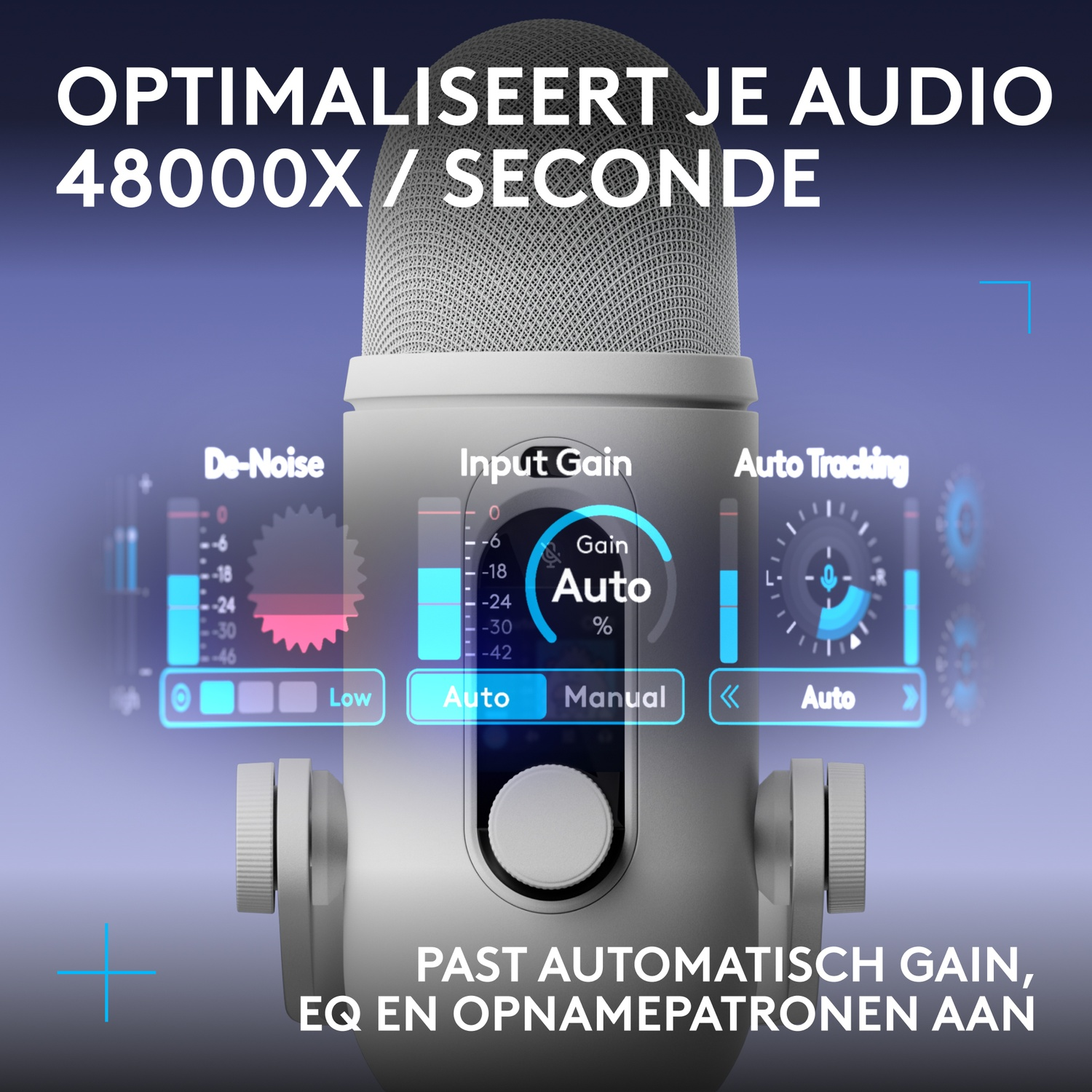 Een zilveren microfoon met digitale bedieningselementen voor gain, ruisonderdrukking en tracking op blauwe achtergrond.