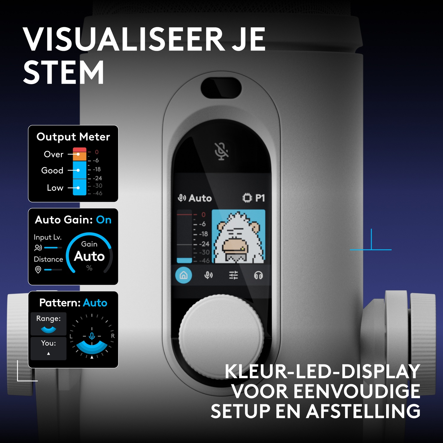 Close-up van een witte microfoon met kleurendisplay en instellingenpaneel met Nederlandse tekst.