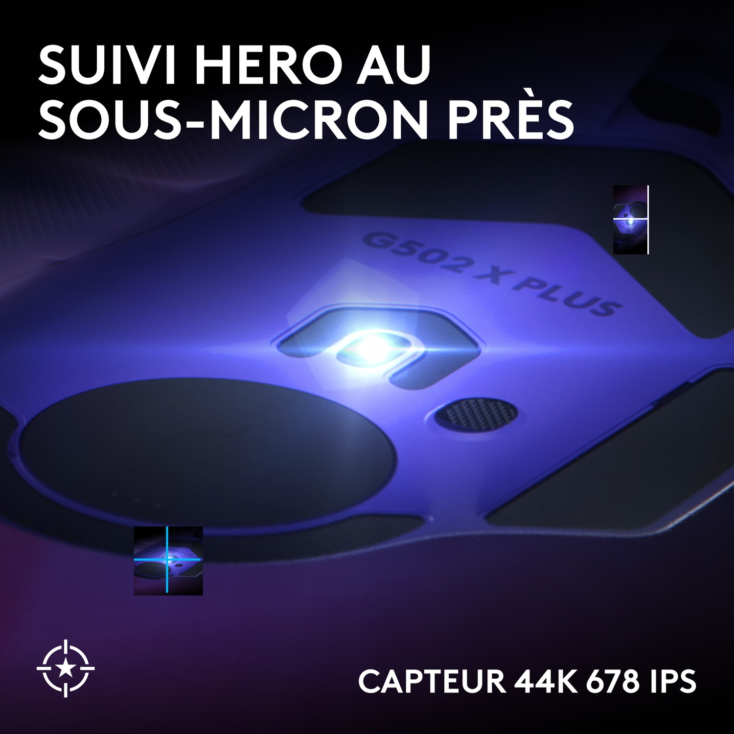 Gros plan du capteur de la souris G502 X PLUS émettant une lumière bleue vive sur fond sombre.