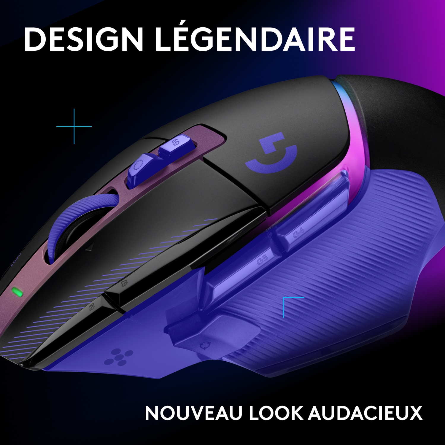 Une souris de jeu noire et violette sur fond sombre et lumineux.