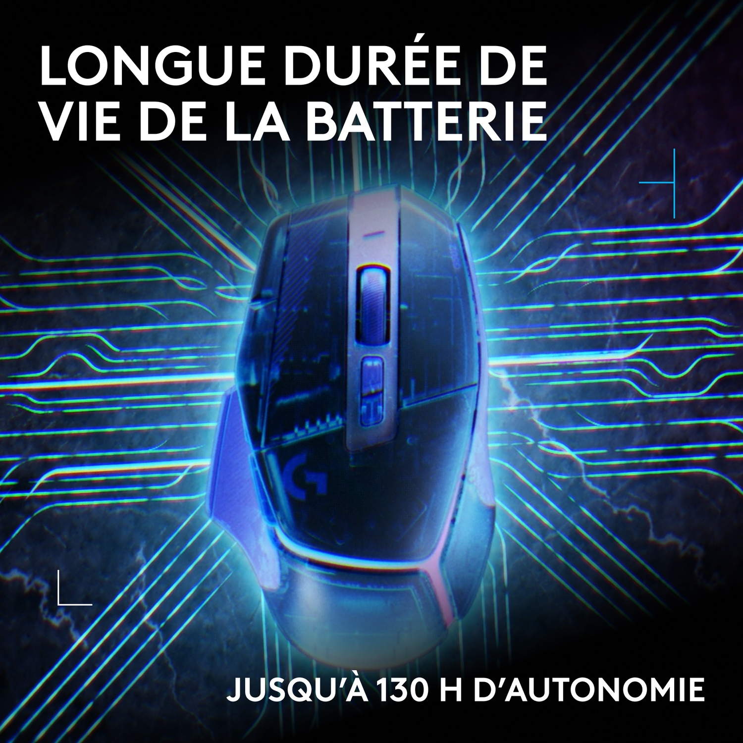 Une souris de jeu noire sur fond bleu lumineux avec du texte en français.