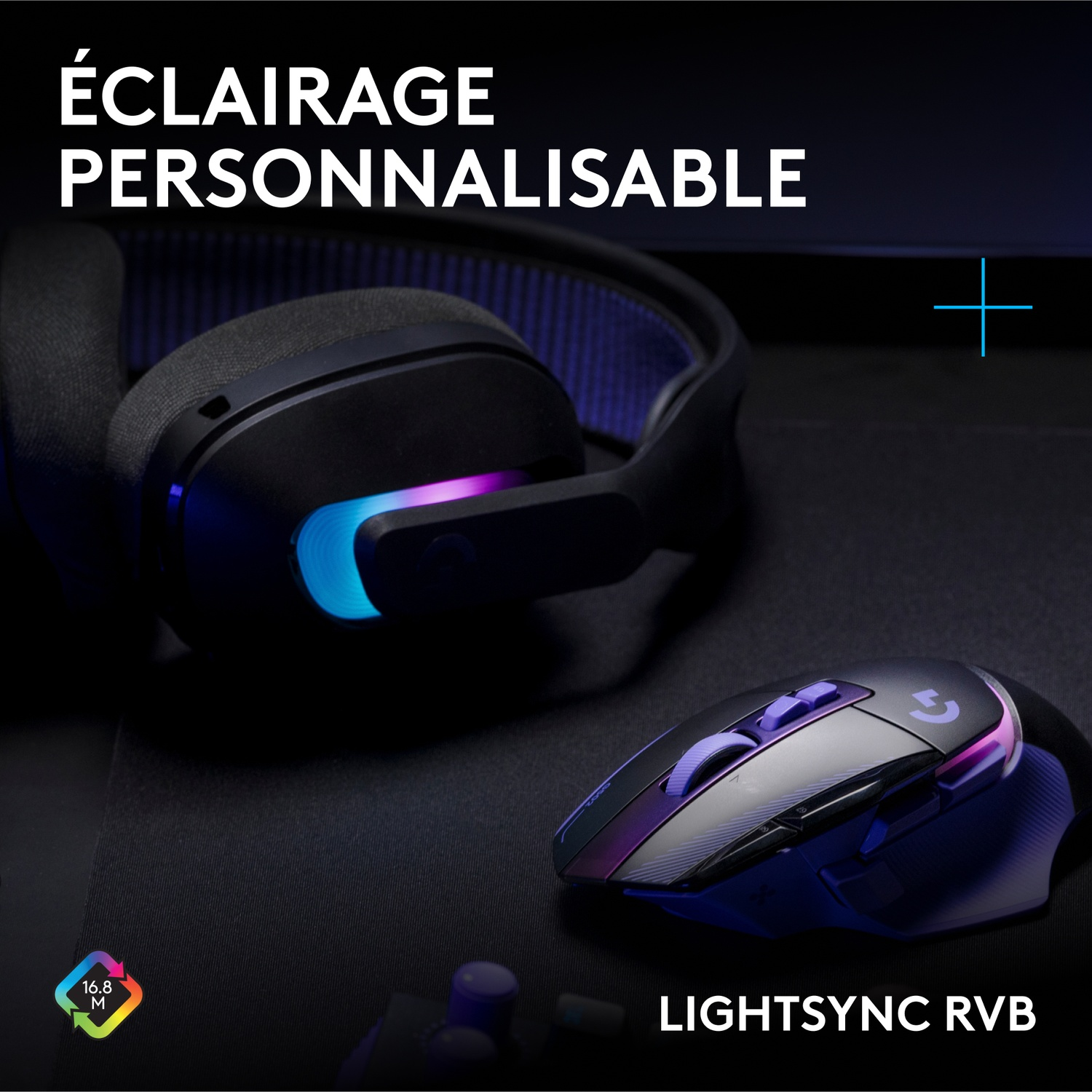 Casque de jeu noir et souris sans fil avec éclairage RVB personnalisable.