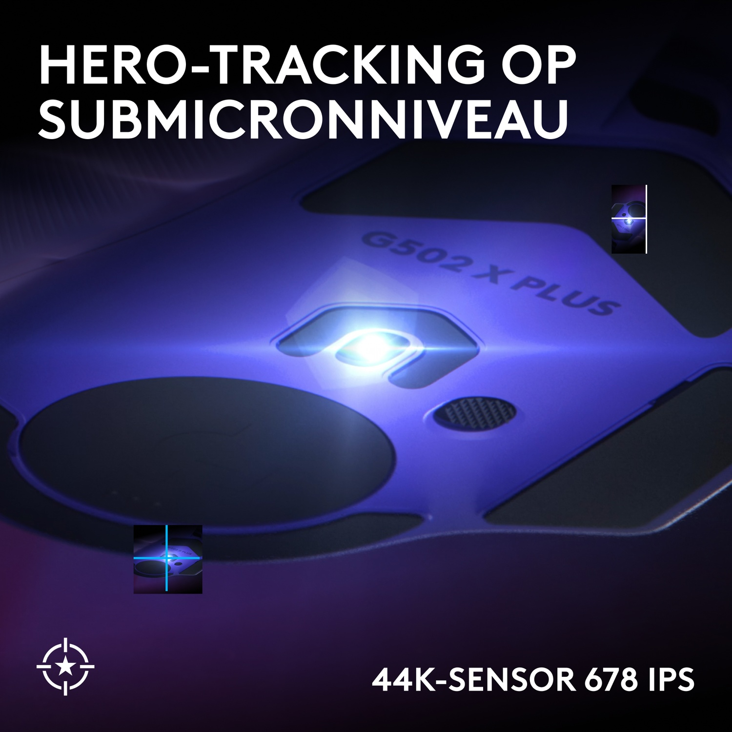 Close-up van de G502 X PLUS muissensor die blauw oplicht met tekst over Hero-tracking en 44K-sensor.