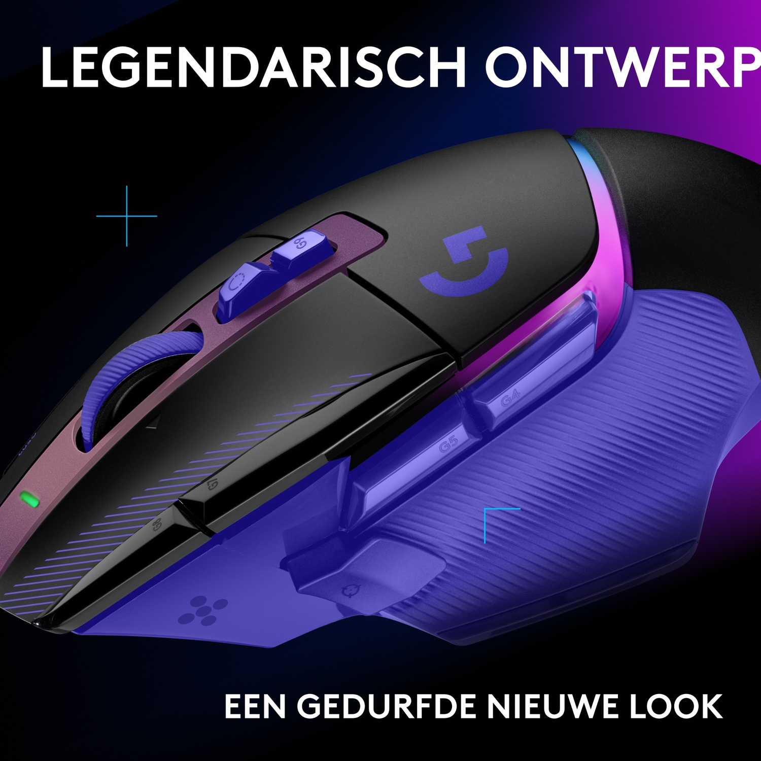Een zwarte en paarse gamingmuis met RGB-verlichting tegen een zwarte achtergrond en tekst.