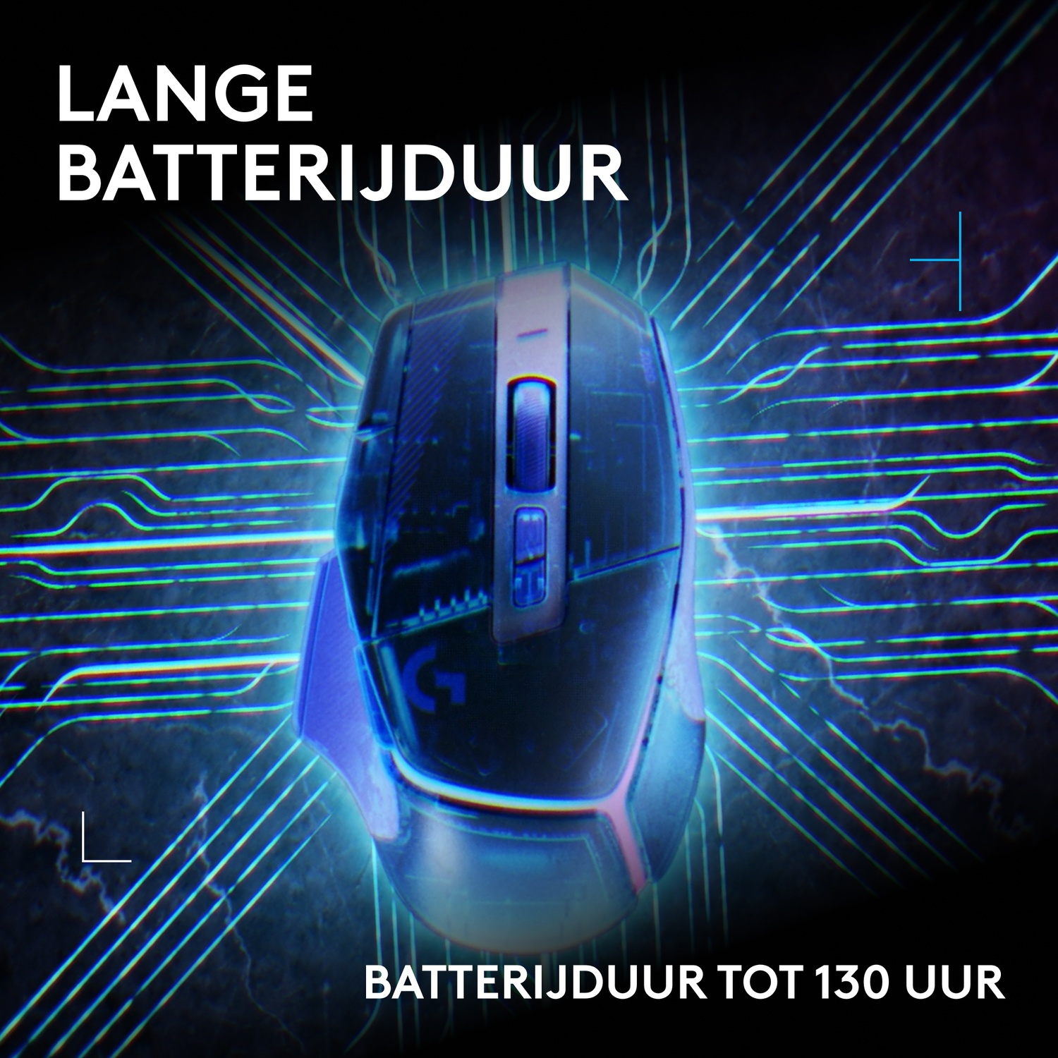 Gamingmuis met blauwe achtergrondverlichting en digitale printplaatgraphics.
