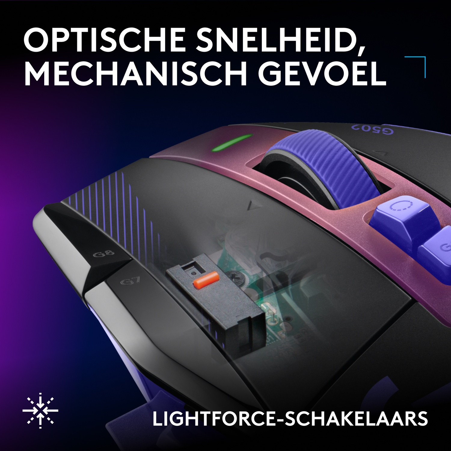 Close-up van een gamingmuis met optisch-mechanische schakelaars, een paars wieltje en Nederlandse tekst.