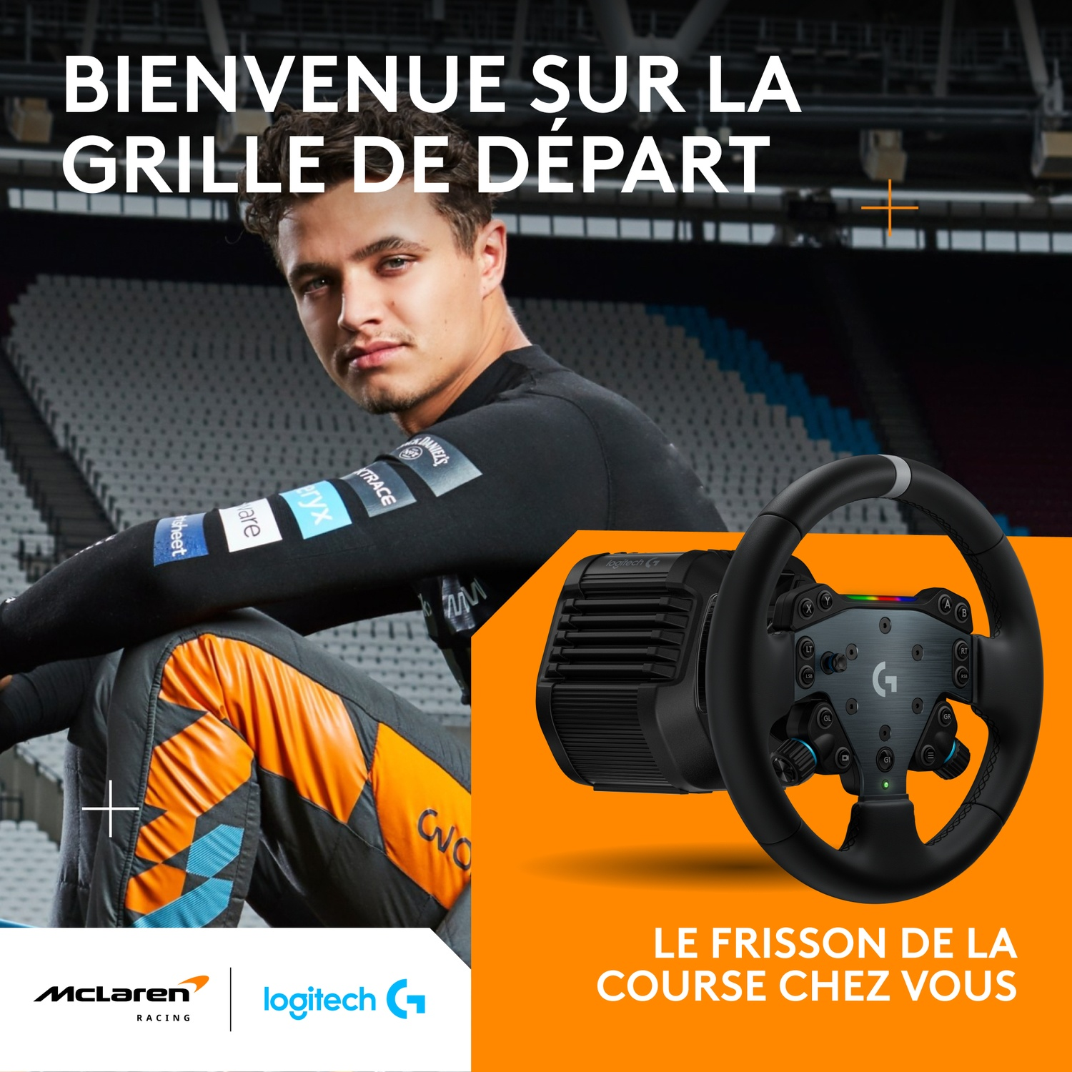 Un pilote assis dans un stade près d'un volant de course Logitech G sur fond orange.