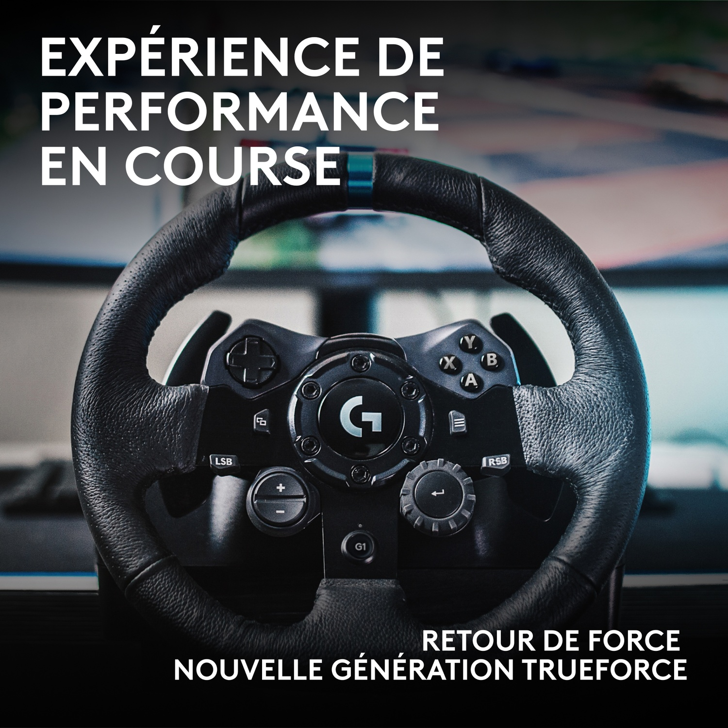 Volant de course Logitech avec boutons et logo central, sur fond avec du texte en français.
