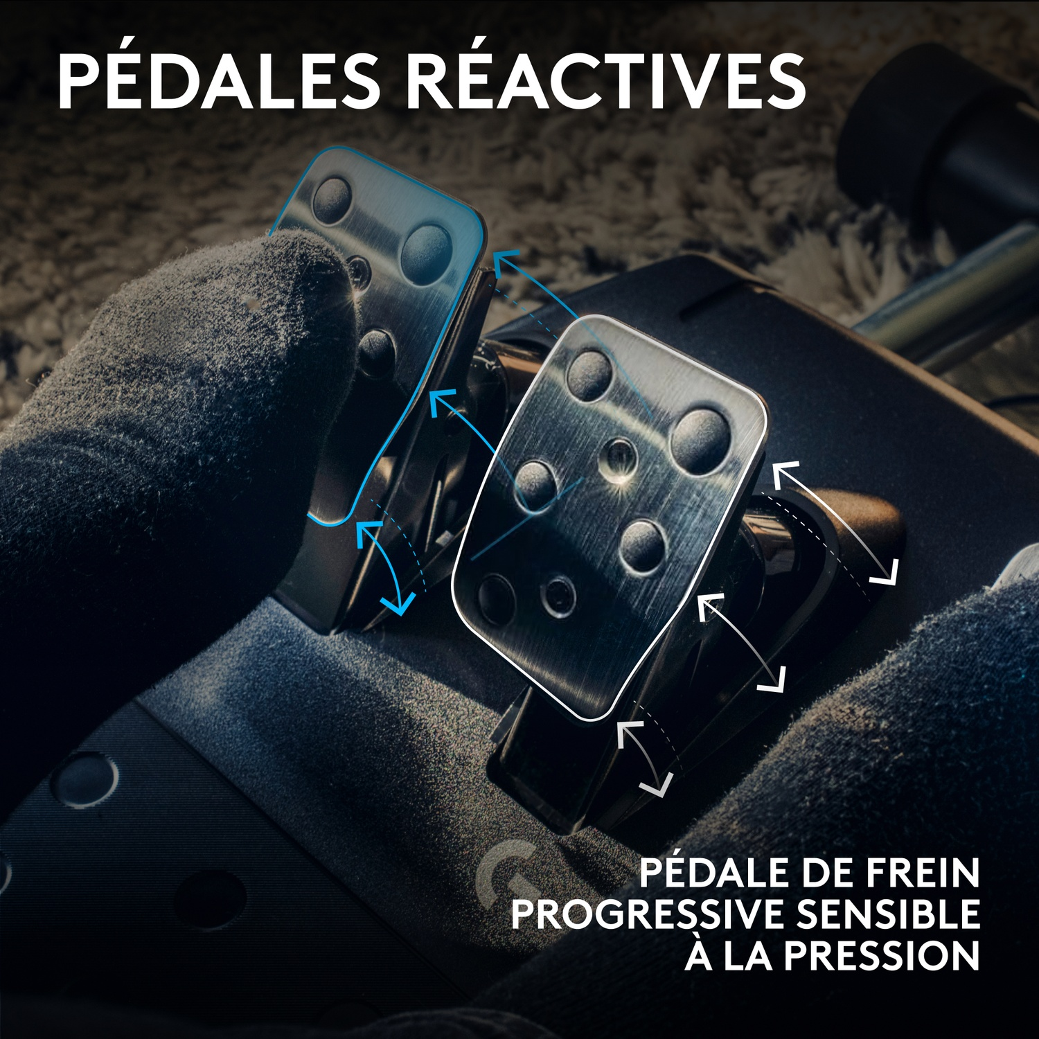 Pédales de jeu avec plaques métalliques, diagrammes de flèches et texte en français.