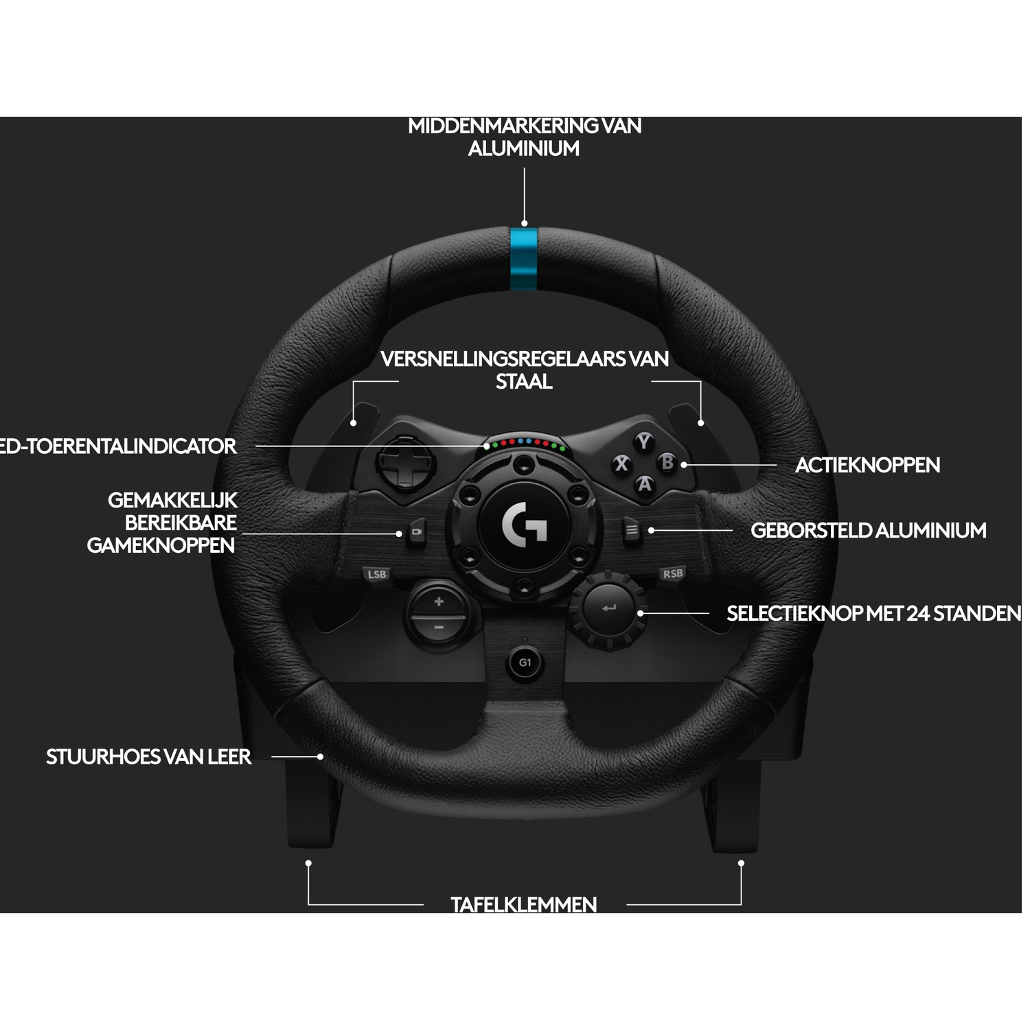 Een zwart Logitech racestuur met lederen bekleding, gekleurde knoppen, blauwe middenmarkering en Nederlandse labels.