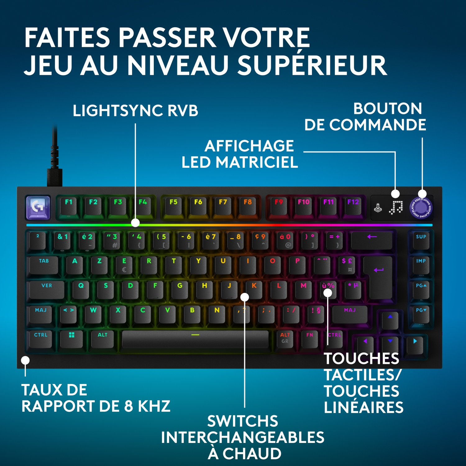 Clavier de jeu avec éclairage RVB et texte en français mettant en valeur ses fonctionnalités.