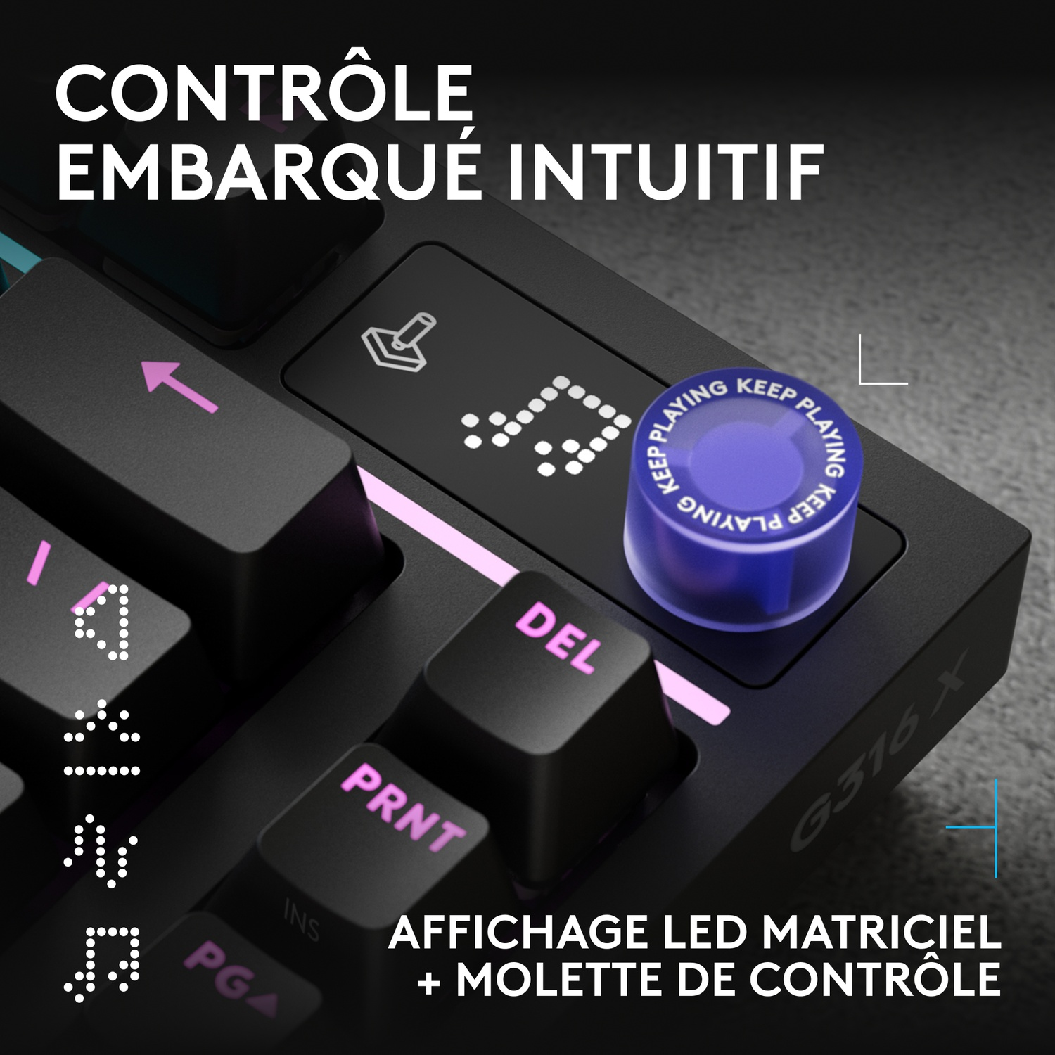 Clavier noir avec écran LED et molette de contrôle bleue.