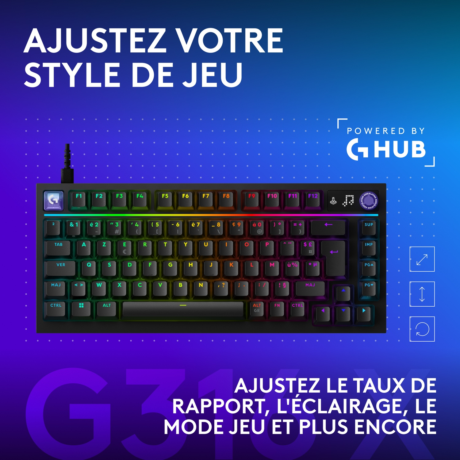 Un clavier de jeu G316X noir avec un éclairage RGB coloré sur fond bleu et violet.