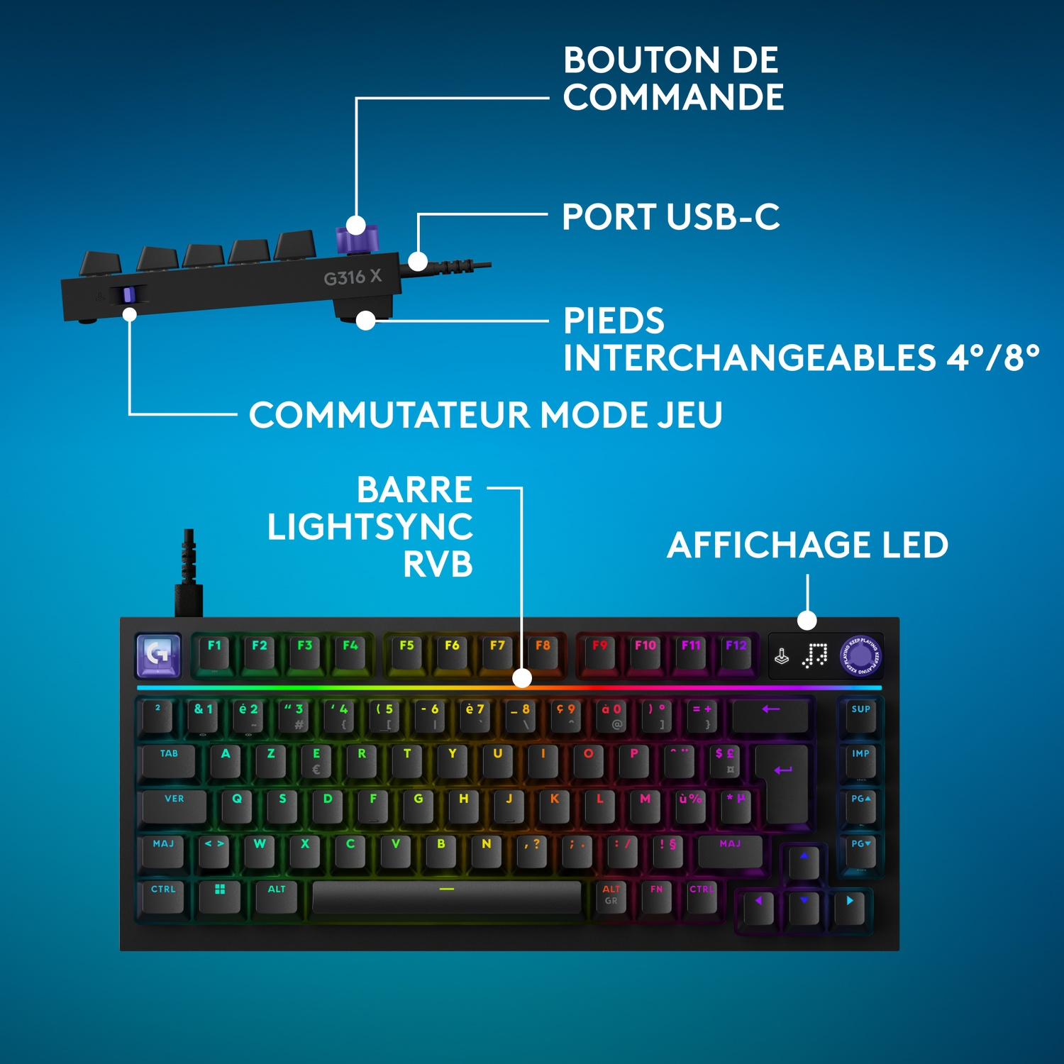 Schéma d'un clavier de jeu noir G316 X avec éclairage RVB et étiquettes françaises sur fond bleu.