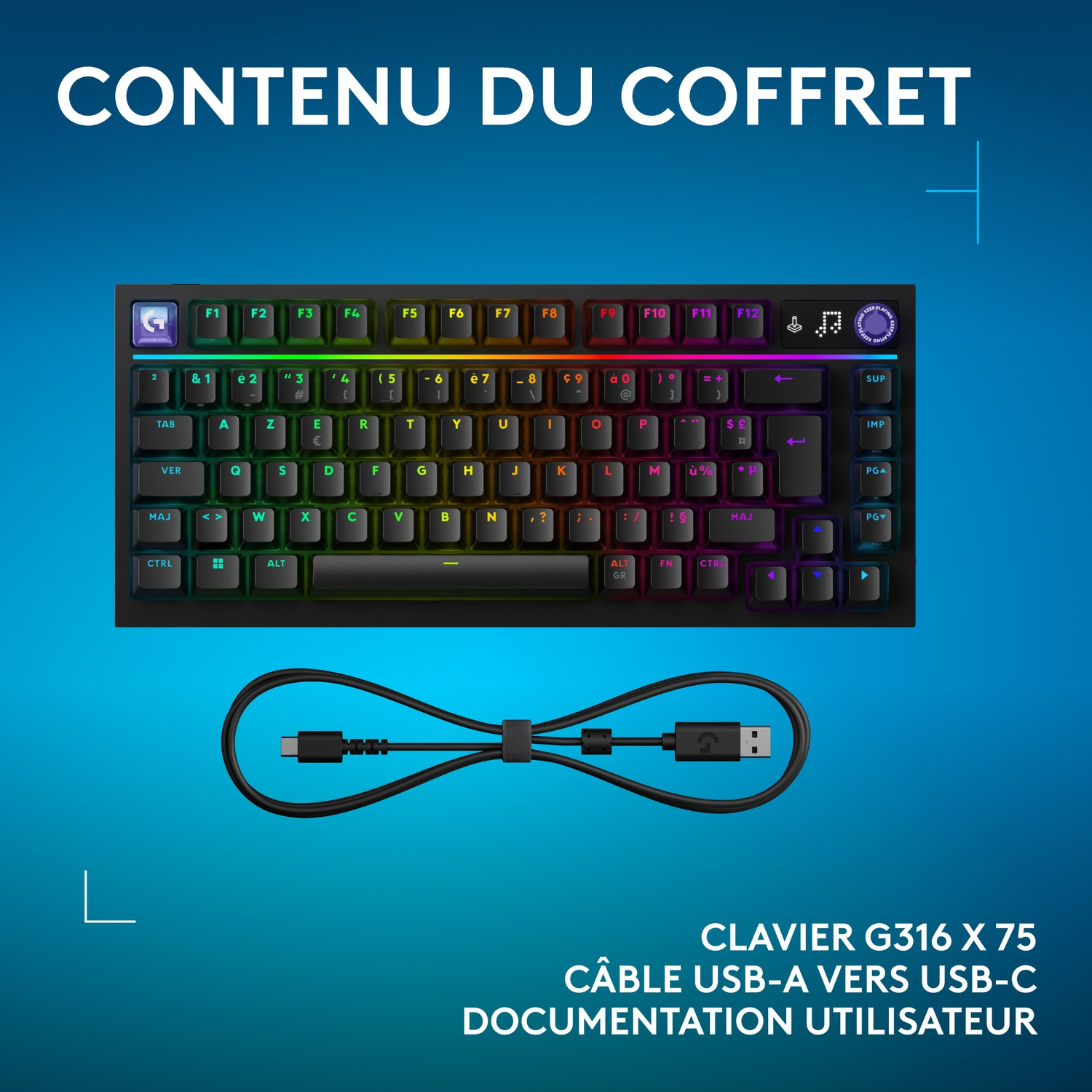 Un clavier AZERTY avec éclairage RGB et un câble USB-C vers USB-A sur fond bleu.