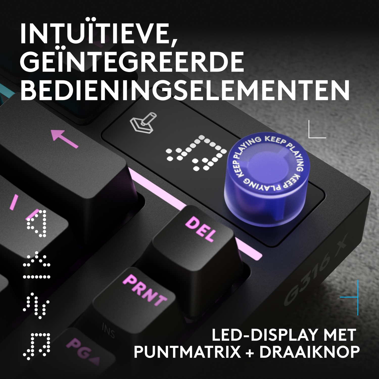 Zwarte toetsenbord met LED-dotmatrixdisplay, blauwe draaiknop en roze verlichting.
