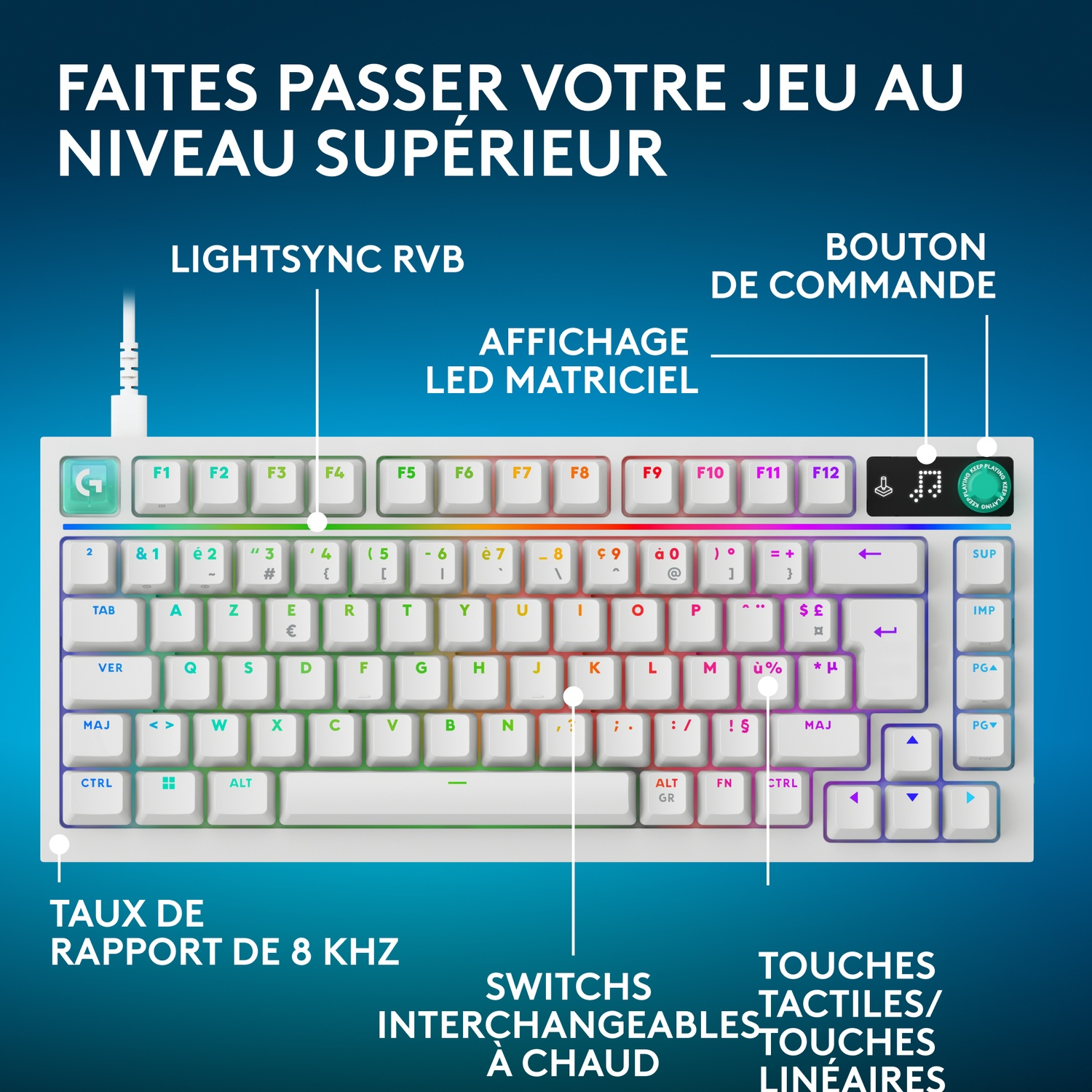 Un clavier de jeu blanc avec éclairage RVB et disposition française sur fond bleu.