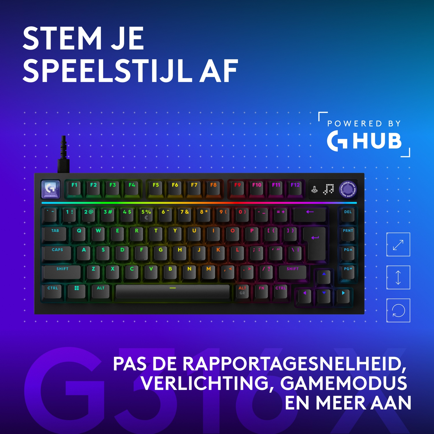 Een zwart gamingtoetsenbord met RGB-verlichting op een blauwe achtergrond met Nederlandse tekst.