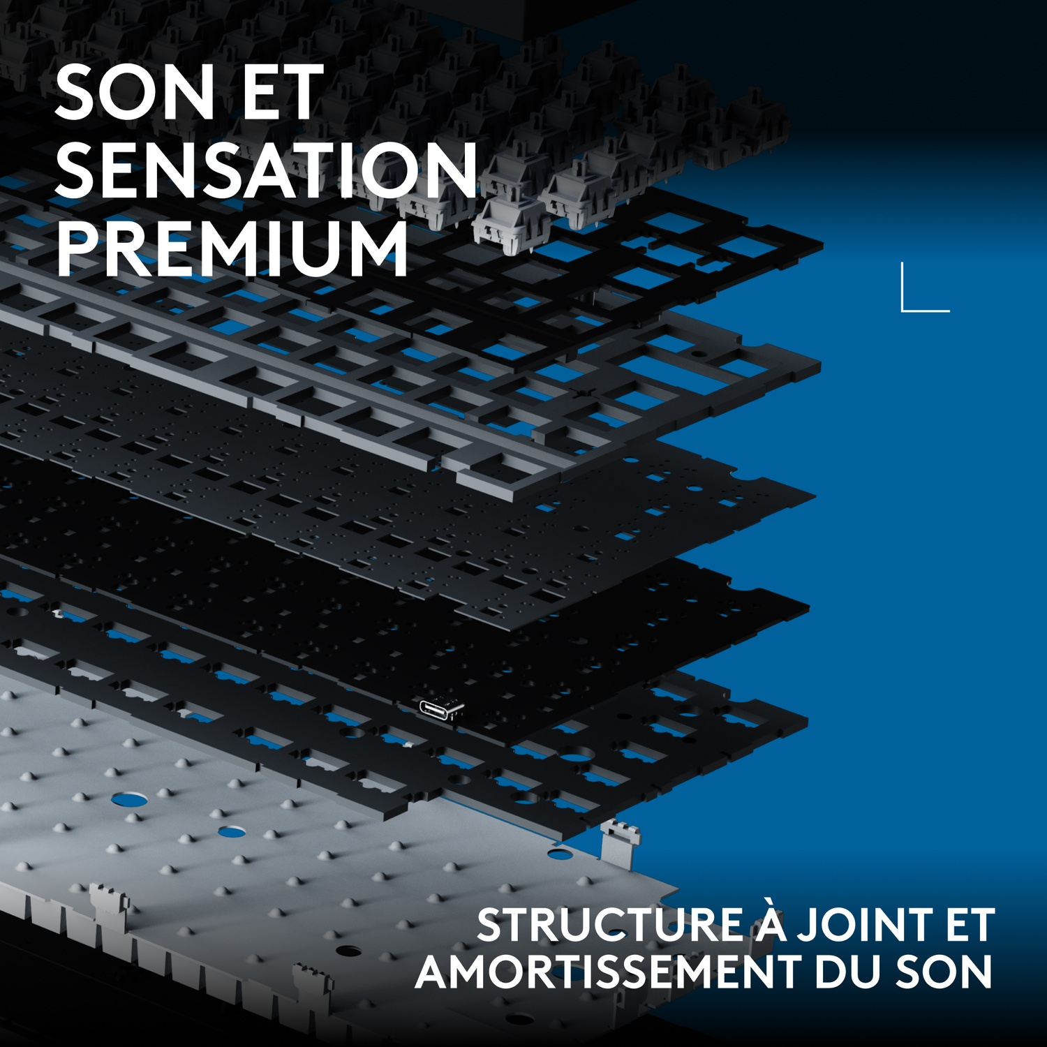 Vue éclatée d'un clavier montrant différentes couches, interrupteurs et éléments d'amortissement sur fond bleu.