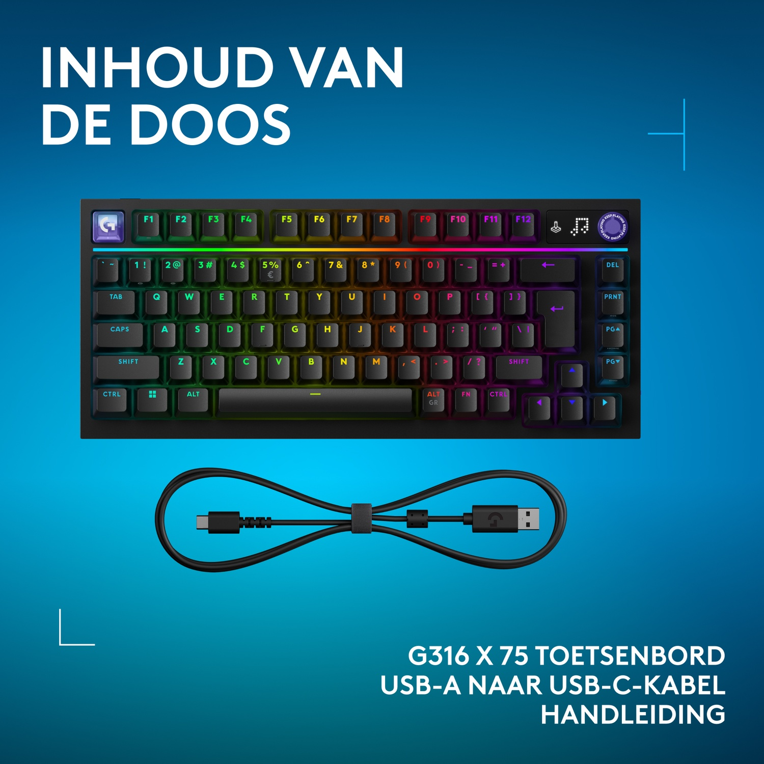 Zwart toetsenbord met RGB-verlichting en USB-C-kabel op een blauwe achtergrond.