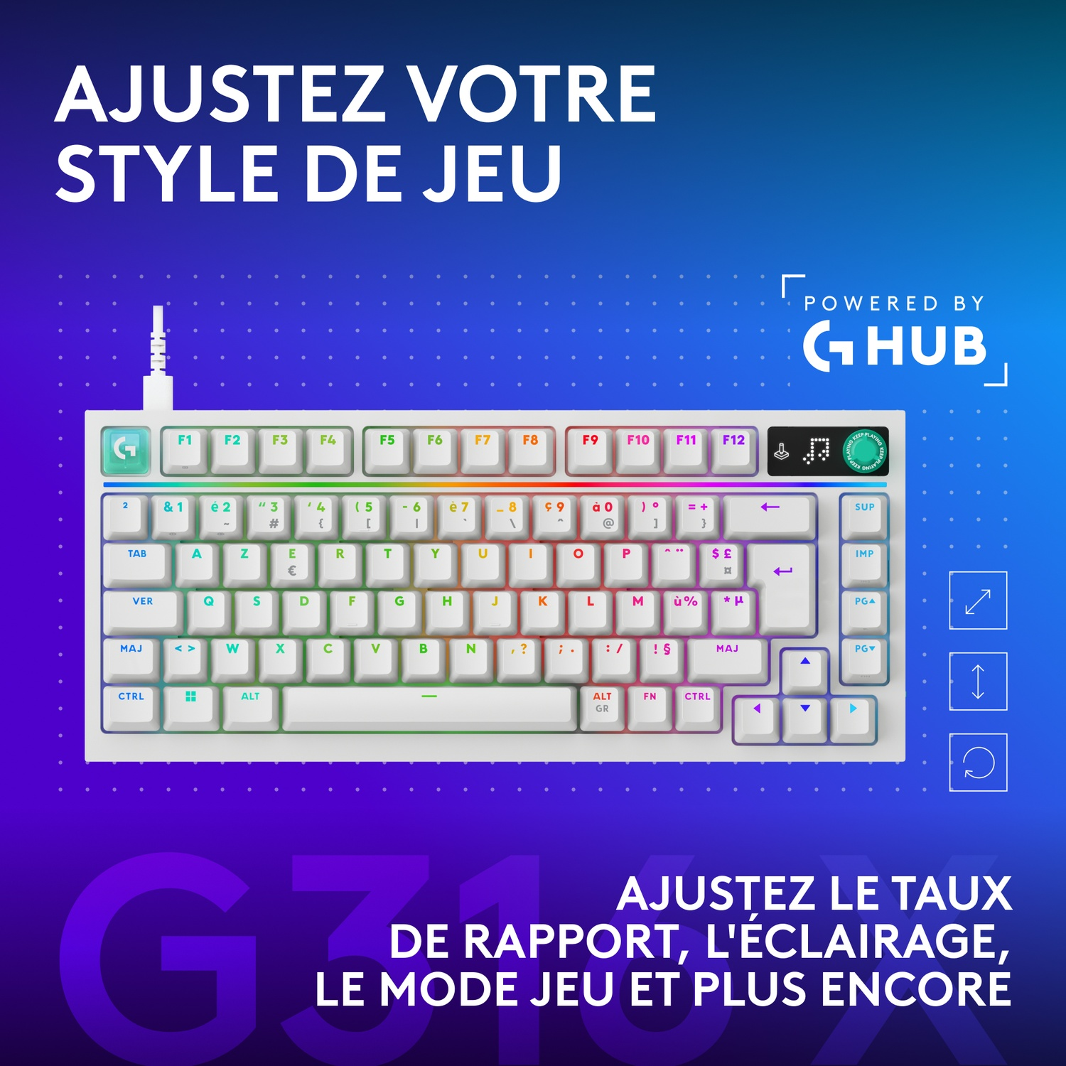 Un clavier de jeu blanc avec éclairage RVB sur fond dégradé bleu et violet avec du texte en français.