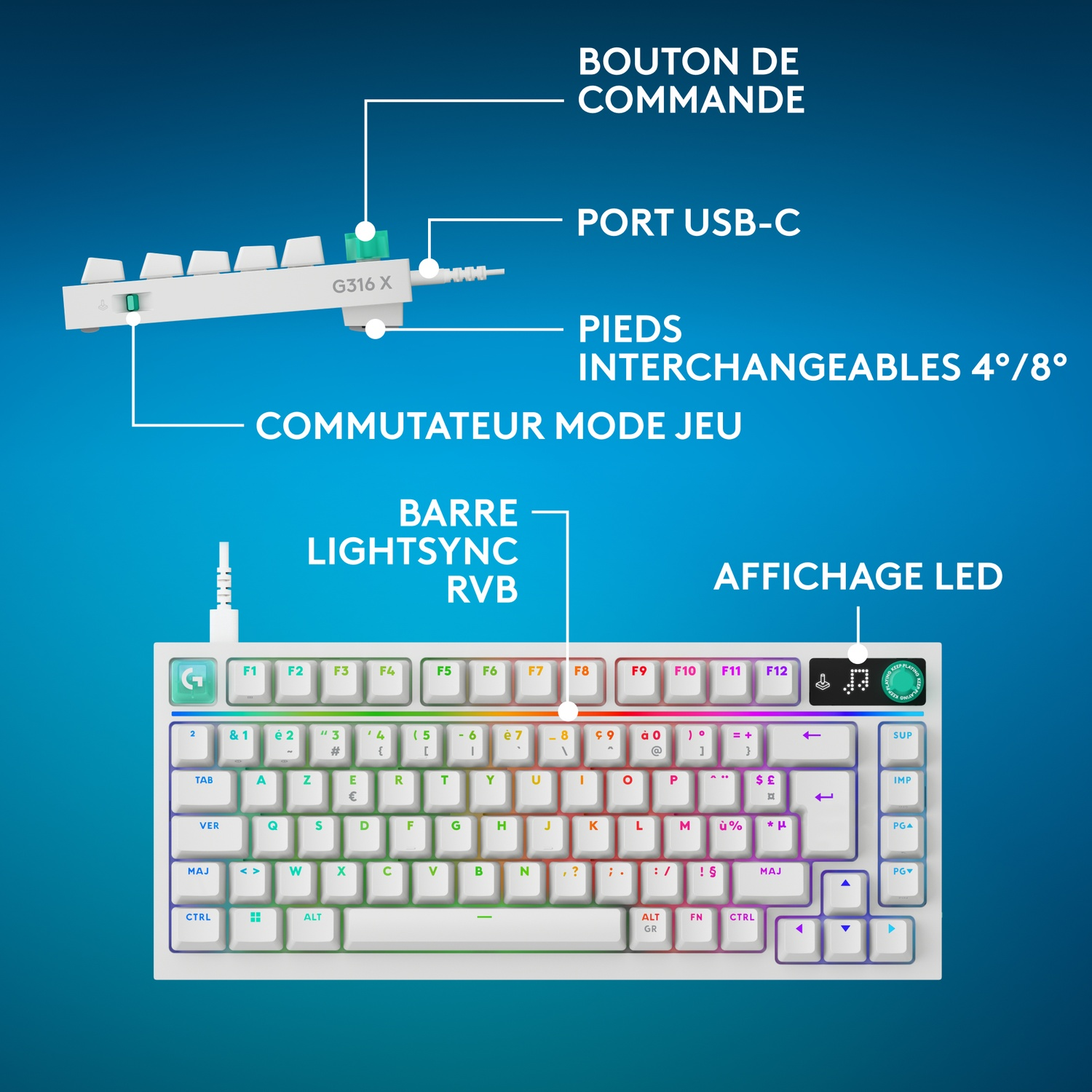 Schéma d'un clavier blanc G316 X avec des étiquettes en français détaillant les touches, ports et fonctions.