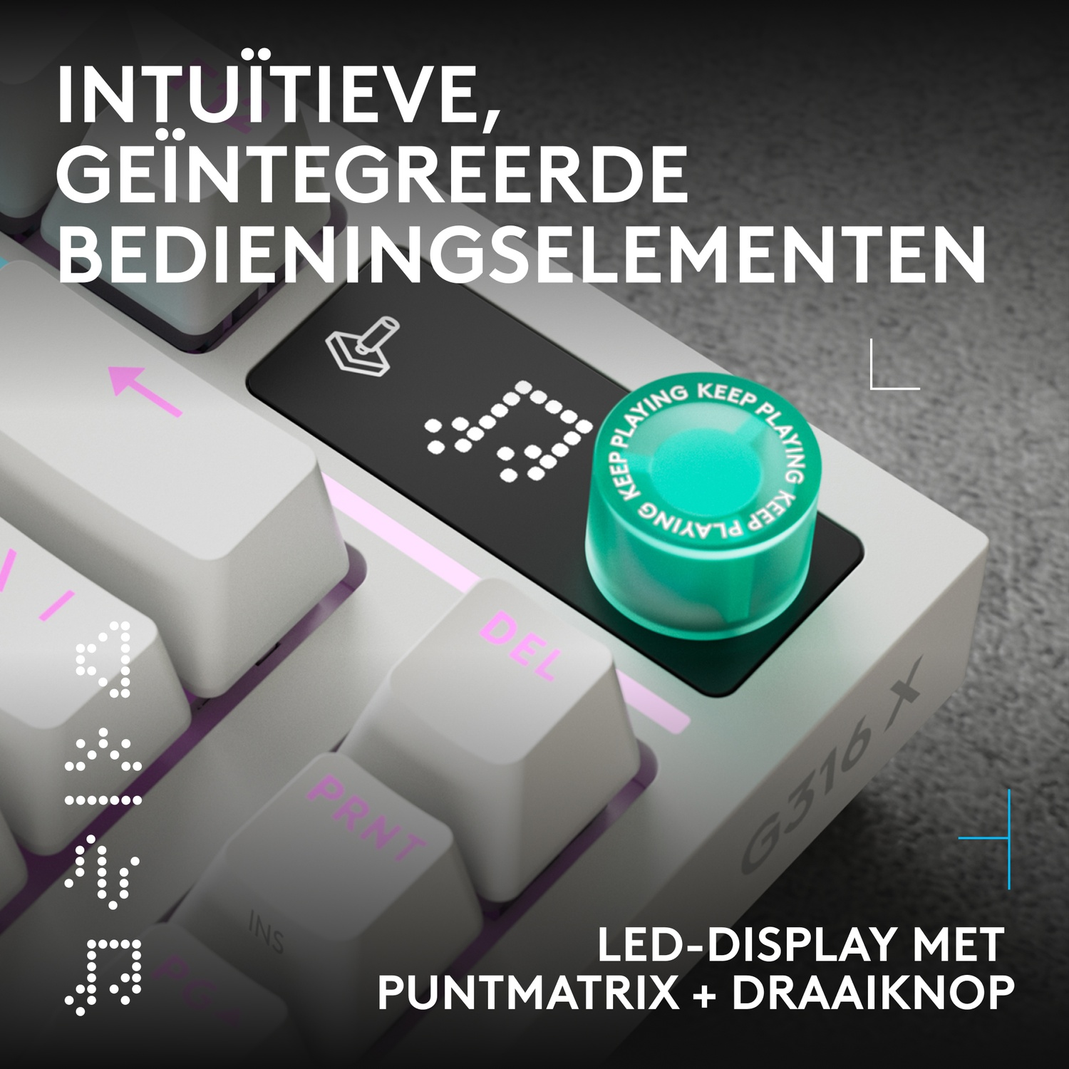Een mechanisch toetsenbord met een geïntegreerd dot-matrix LED-scherm en een heldergroene draaiknop.