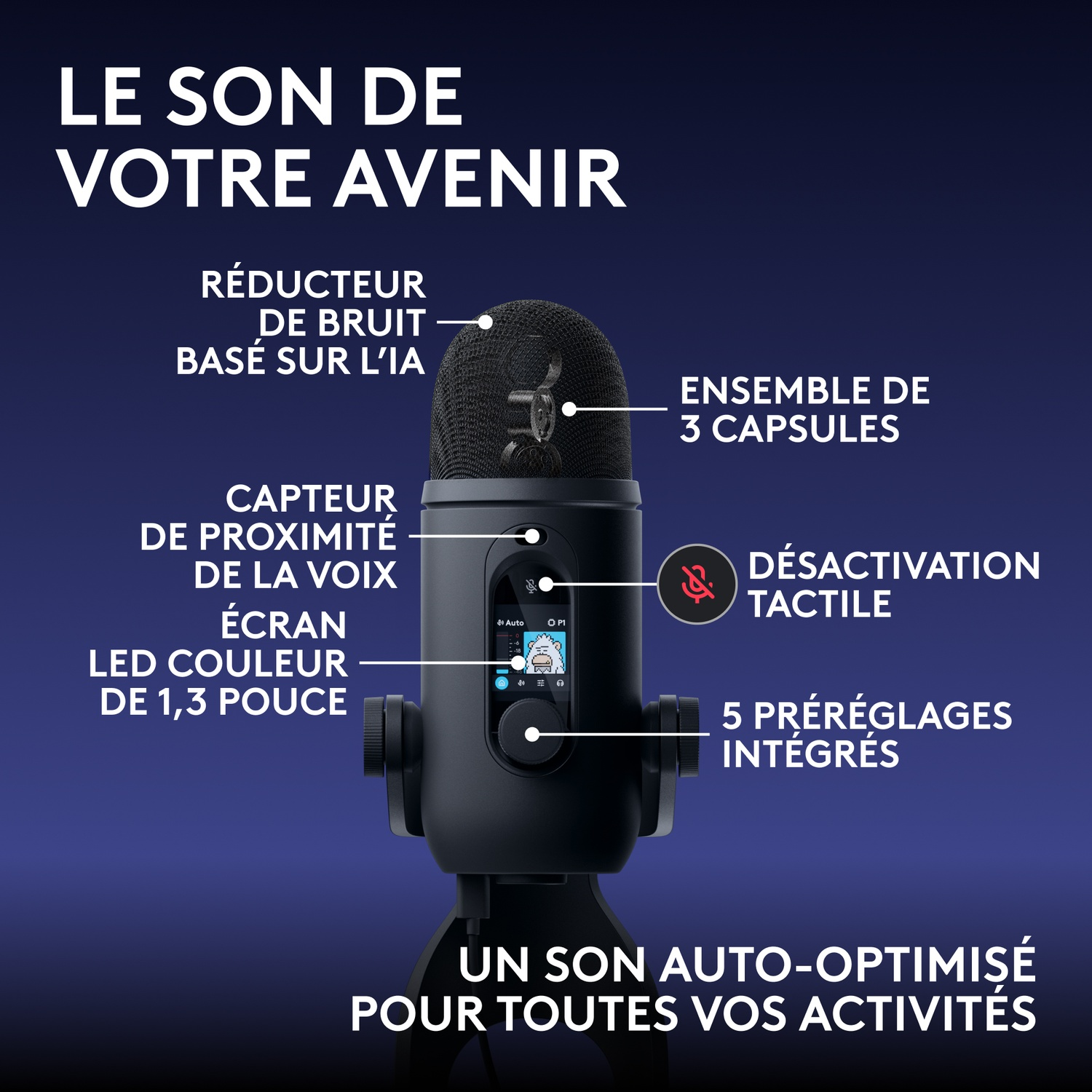 Un microphone noir avec les caractéristiques du produit étiquetées en français sur fond bleu foncé.