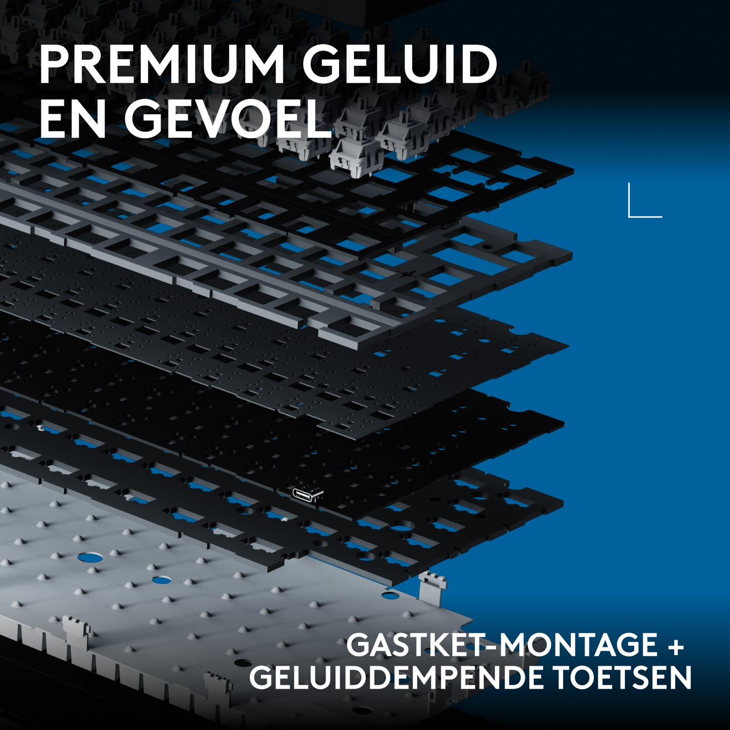 Exploded view van een mechanisch toetsenbord met gelaagde interne componenten op een blauwe achtergrond.