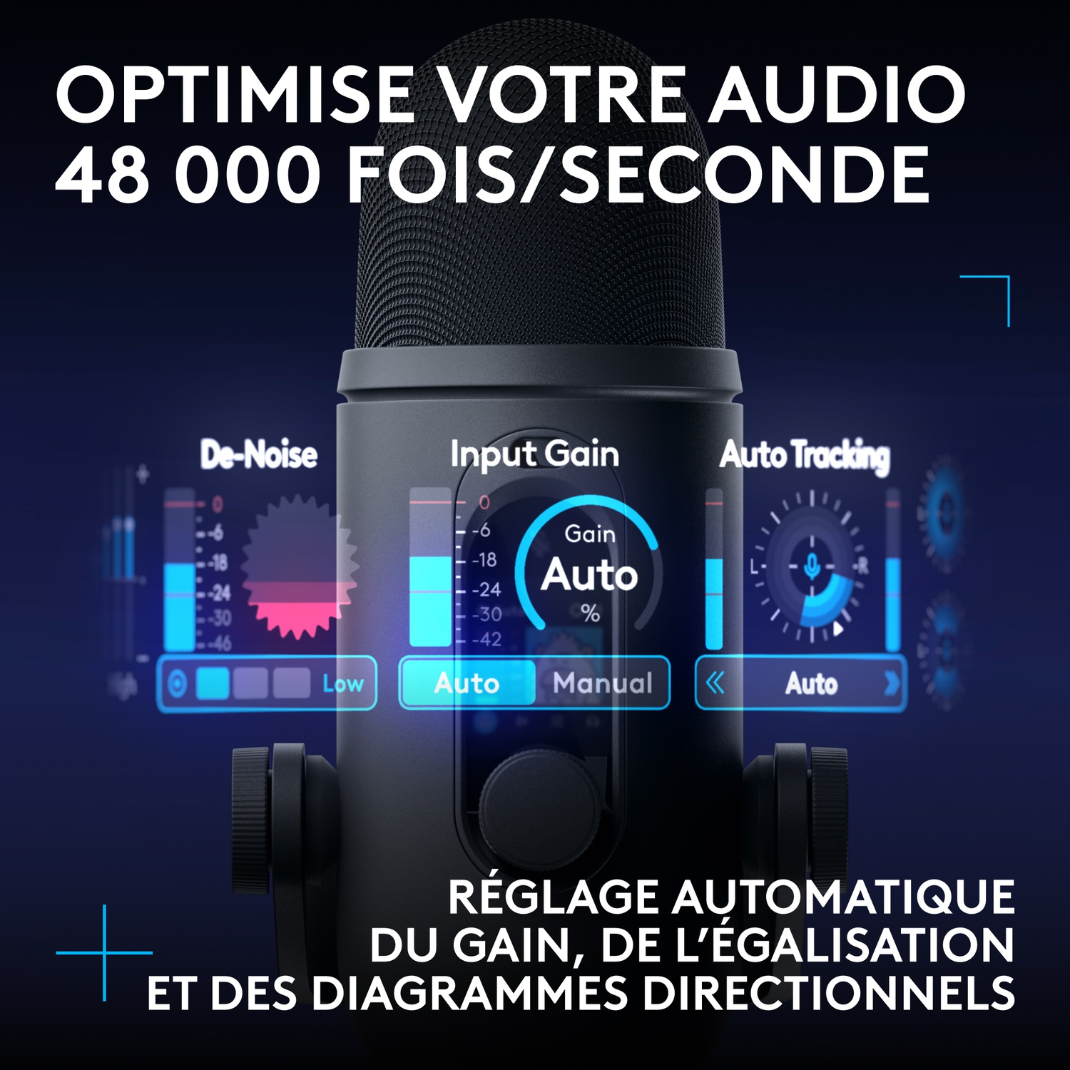 Un microphone noir avec des commandes numériques de réduction du bruit, de gain et de suivi automatique sur fond bleu.