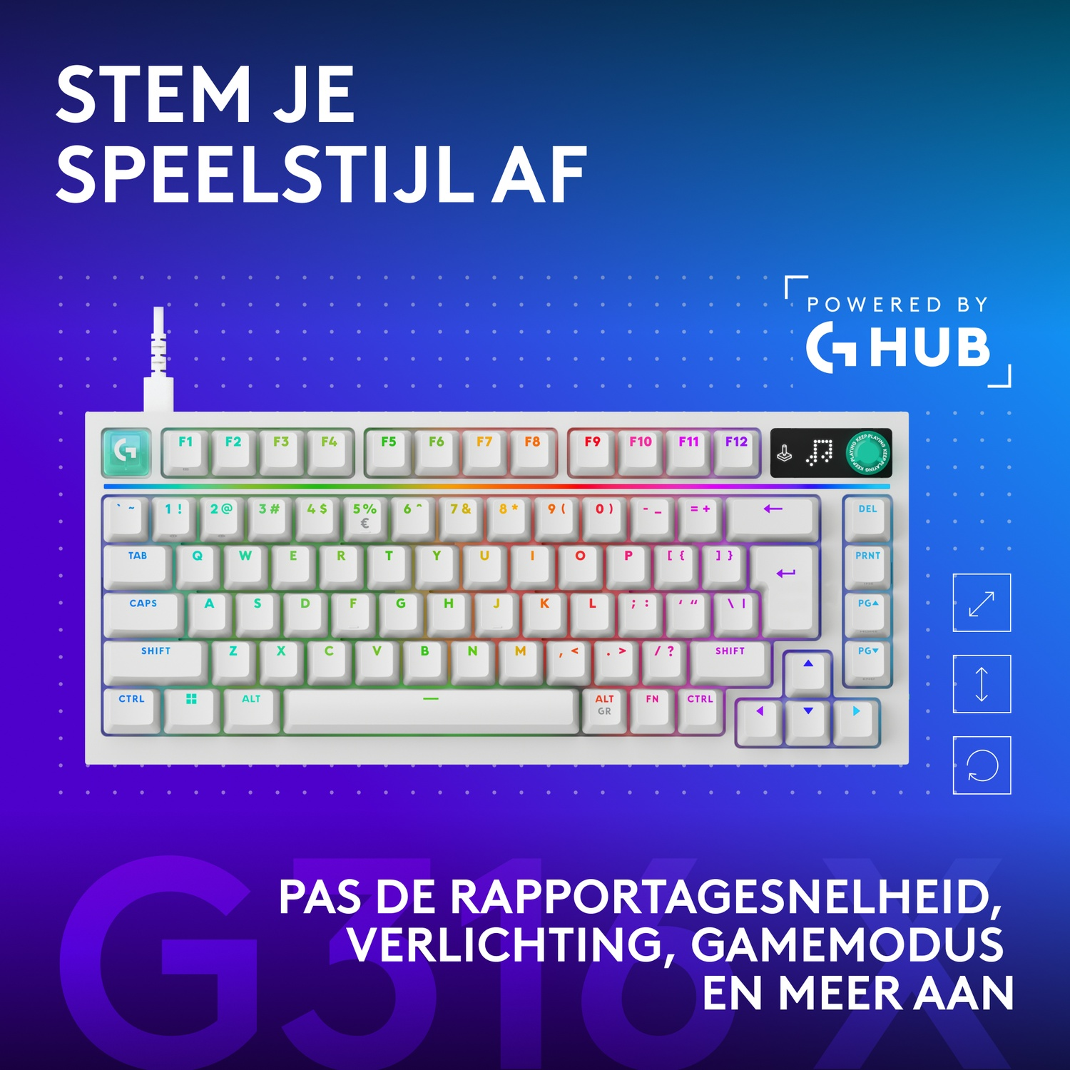 Een wit mechanisch gaming-toetsenbord met kleurrijke RGB-achtergrondverlichting tegen een blauw en paars achtergrond.
