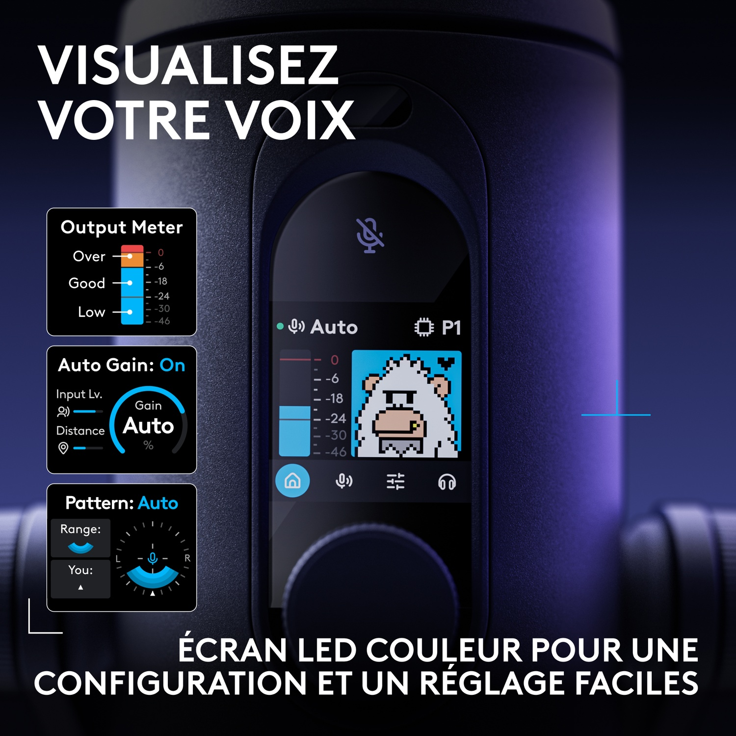 Microphone avec écran LED couleur affichant les réglages et un yeti en pixel art.
