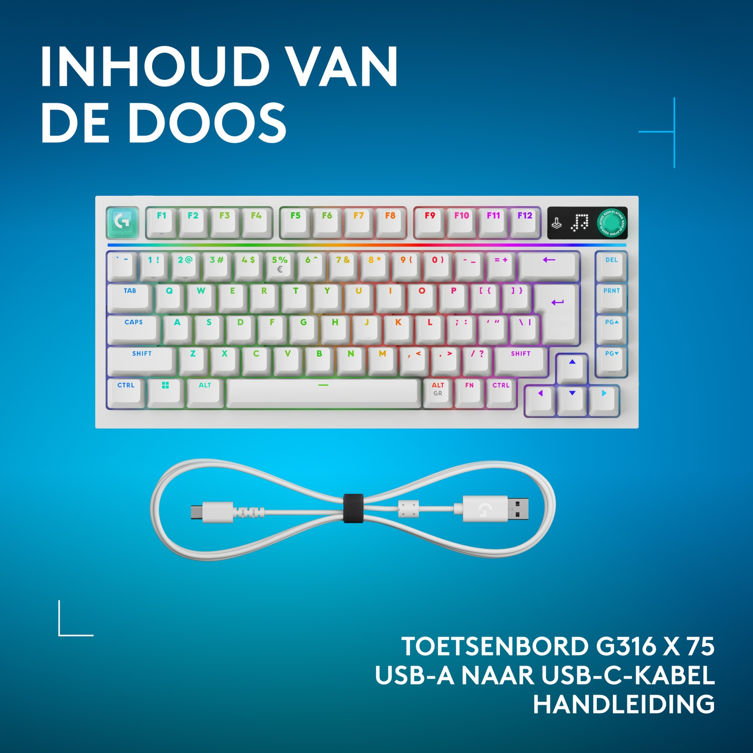 Witte toetsenbord en USB-kabel op blauwe achtergrond met tekst.