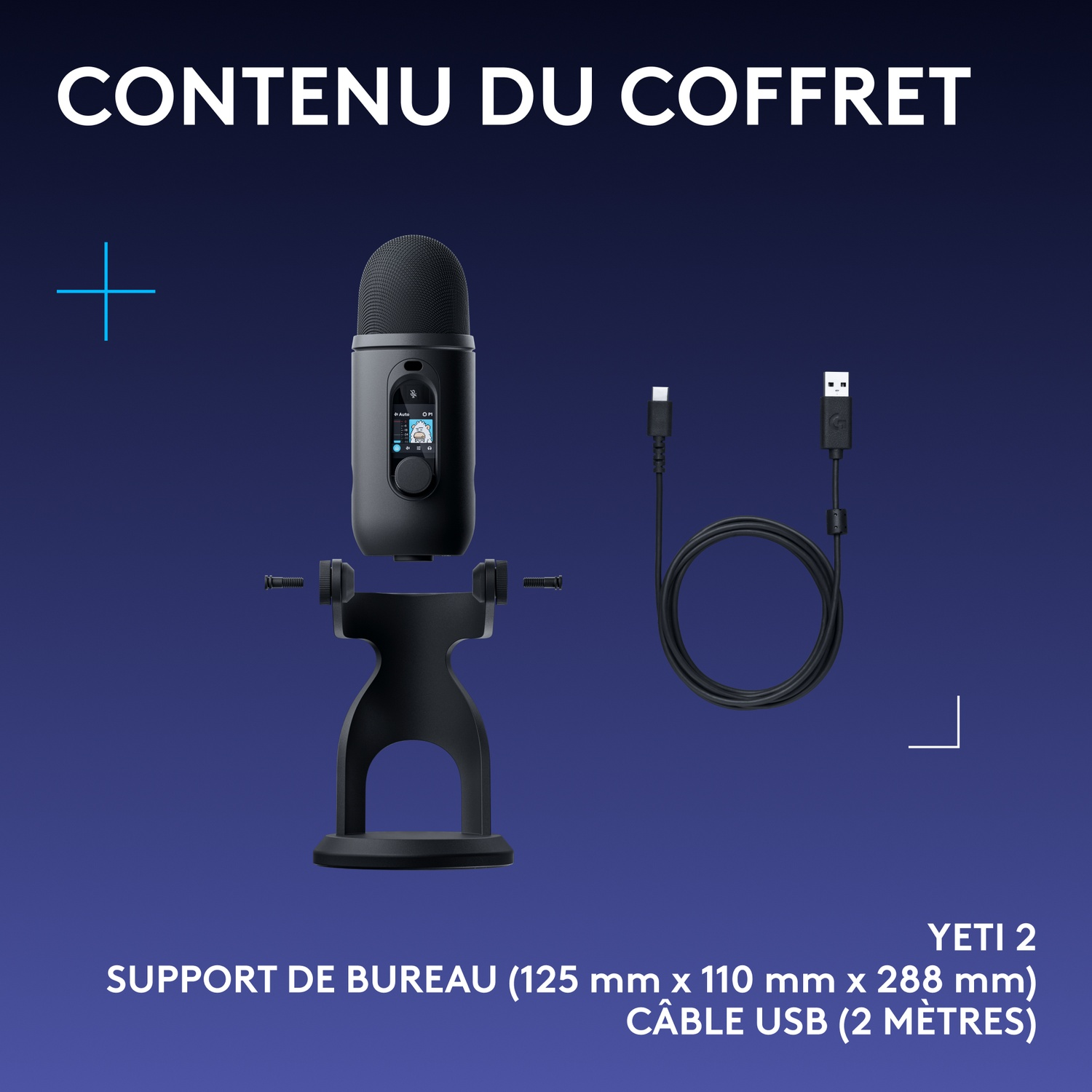 Un micro Yeti 2 noir, support de bureau, deux vis et câble USB de 2m sur fond bleu.