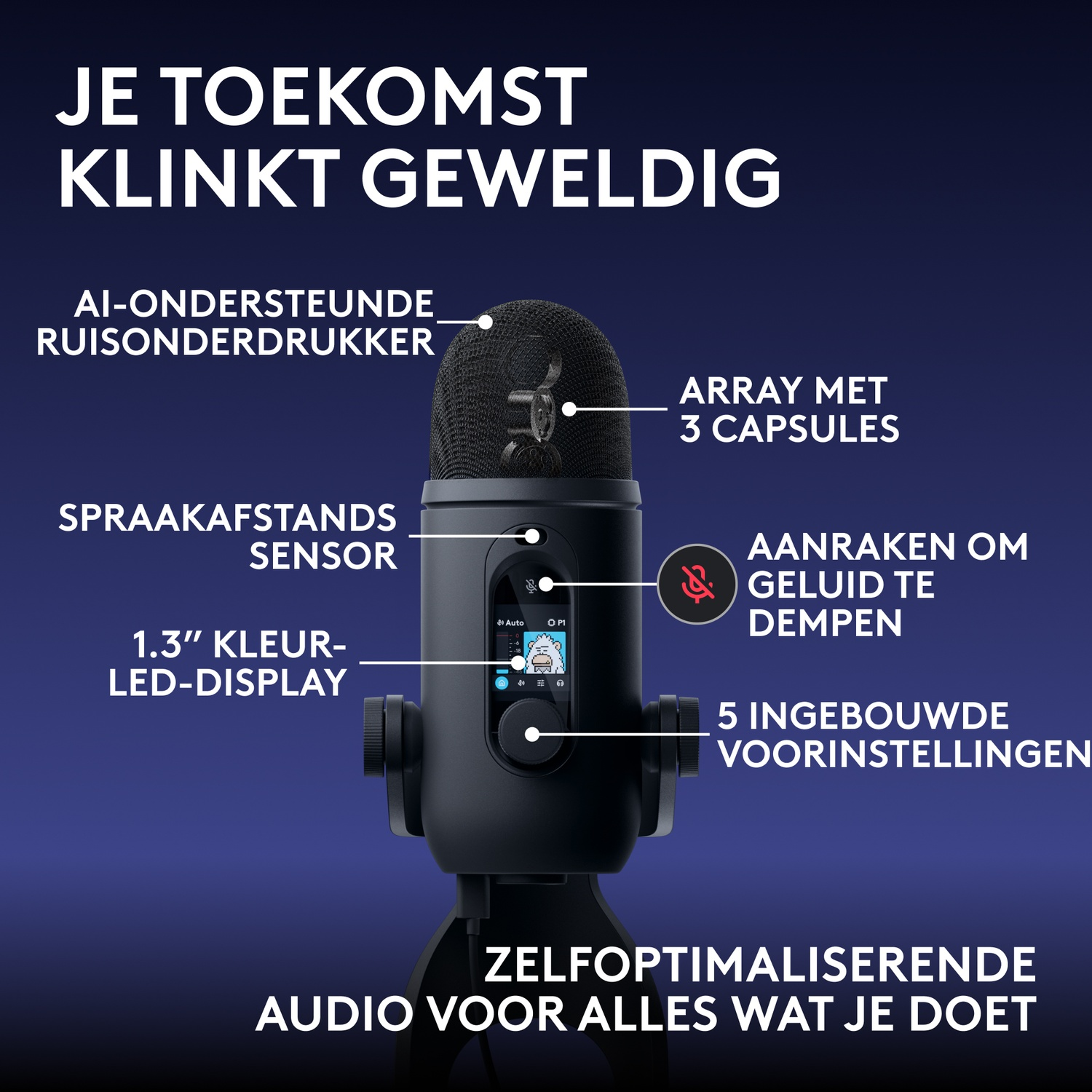 Zwarte USB-microfoon met display, aanraakdemper en Nederlandse labels tegen een blauwe achtergrond.