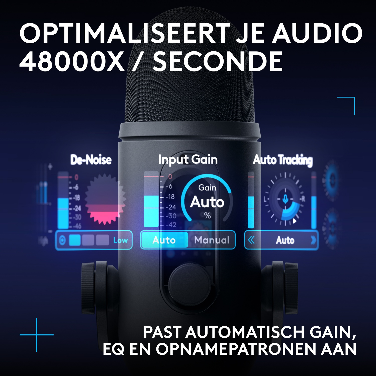 Een zwarte microfoon met digitale instellingen voor ruisonderdrukking, ingangsversterking en auto-tracking.